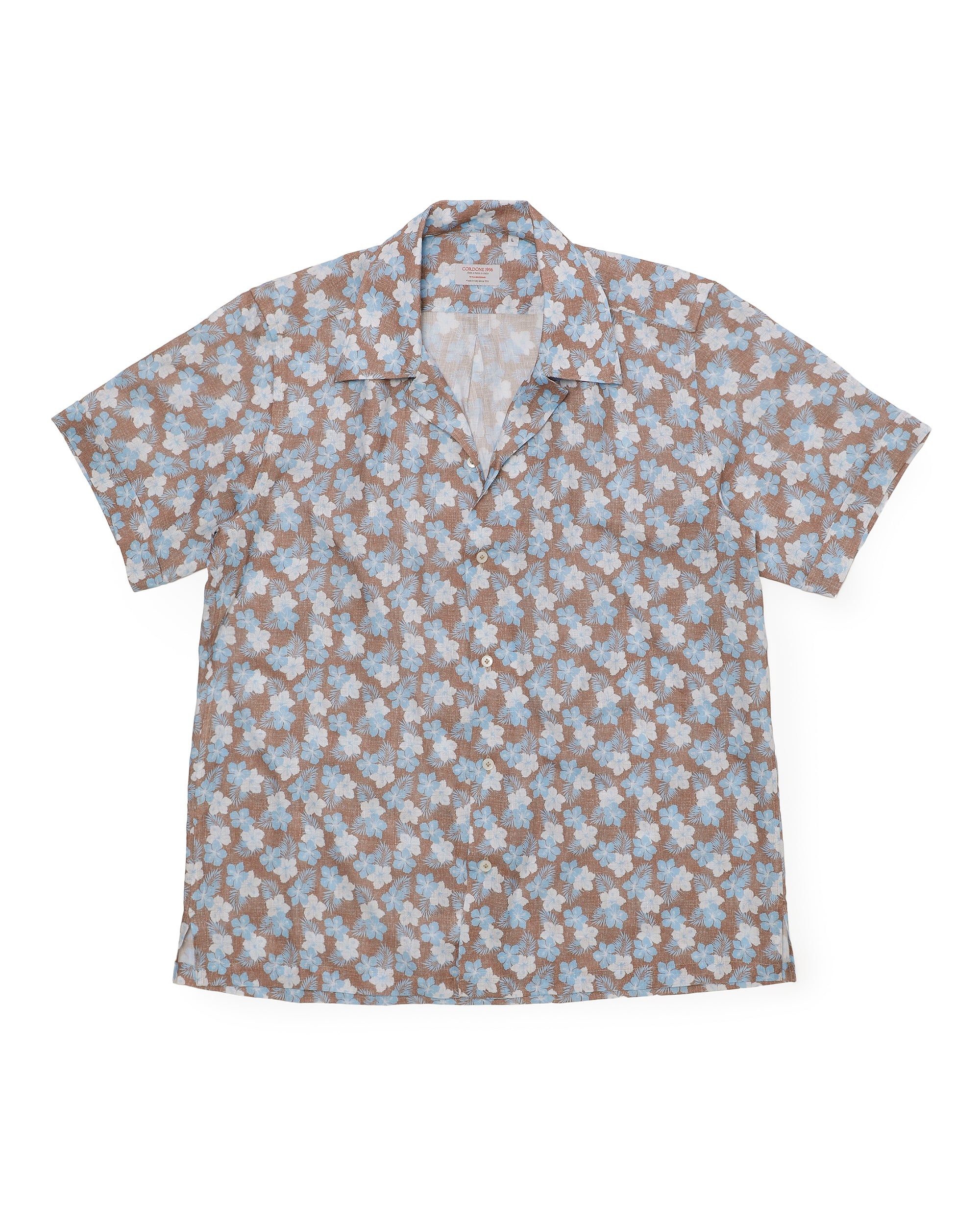 Camicia botanica a maniche corte in cotone con colletto aperto / HAWAII / Marrone