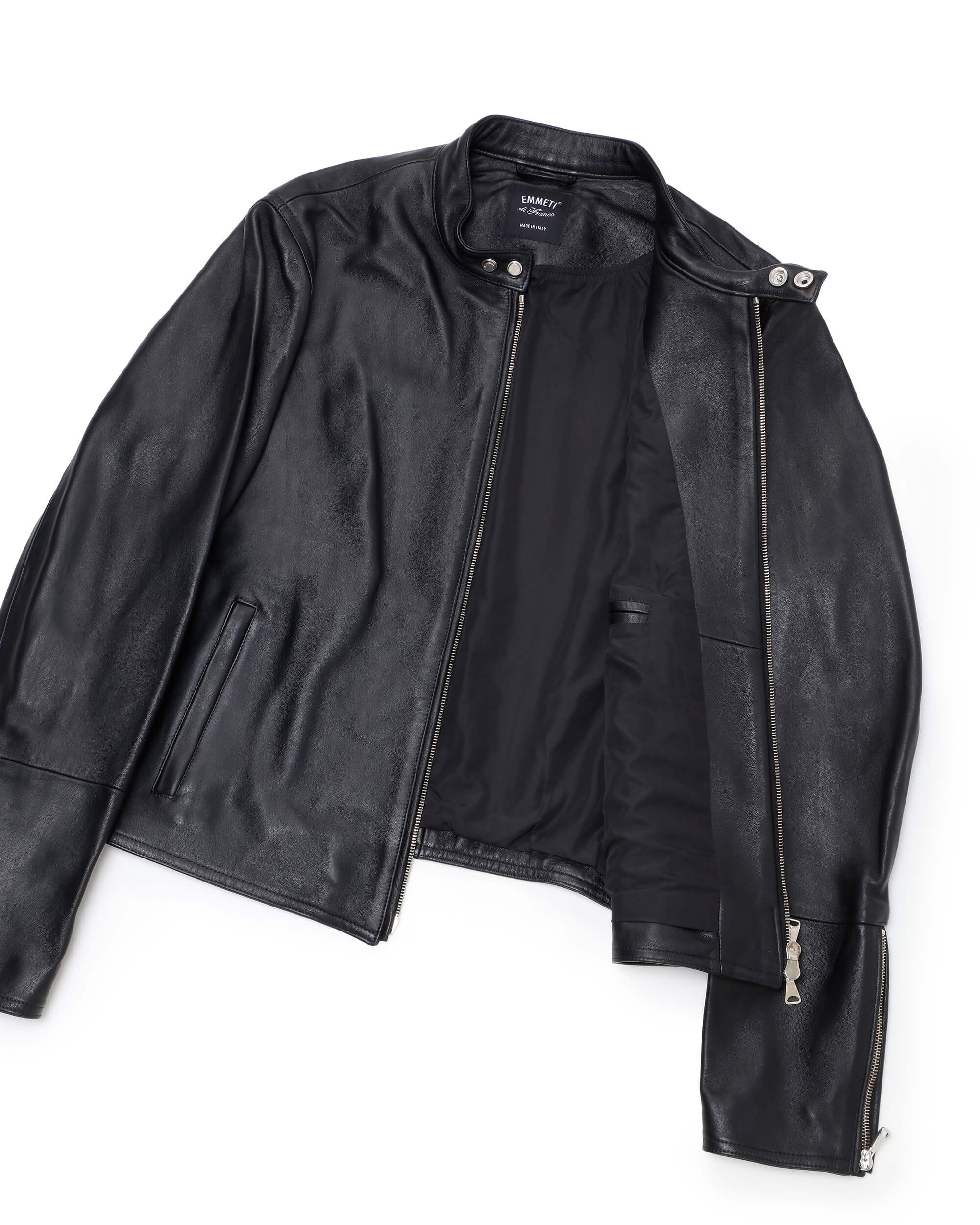 H UOMO(アッカウォモ) シルバーZIP ナッパチェラータ ラムレザーシングルライダース / ブラック