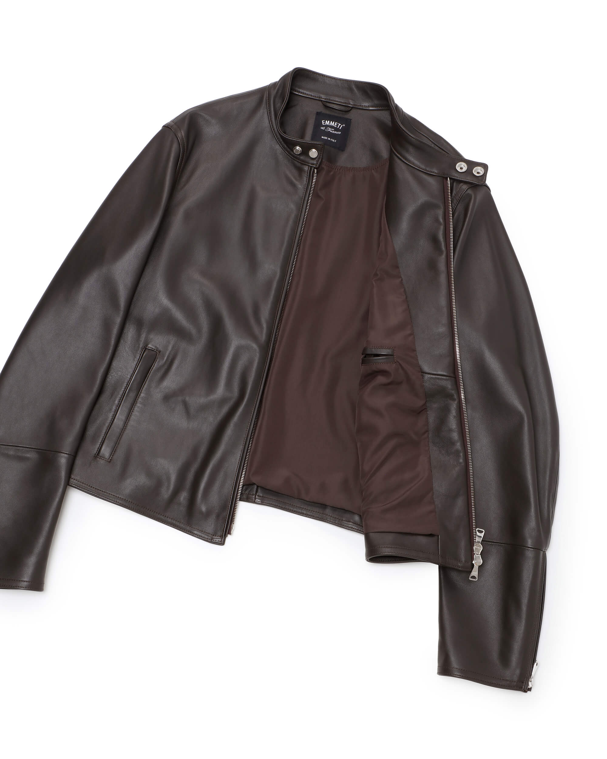 H UOMO(アッカウォモ) シルバーZIP ナッパチェラータ ラムレザーシングルライダース / ダークブラウン