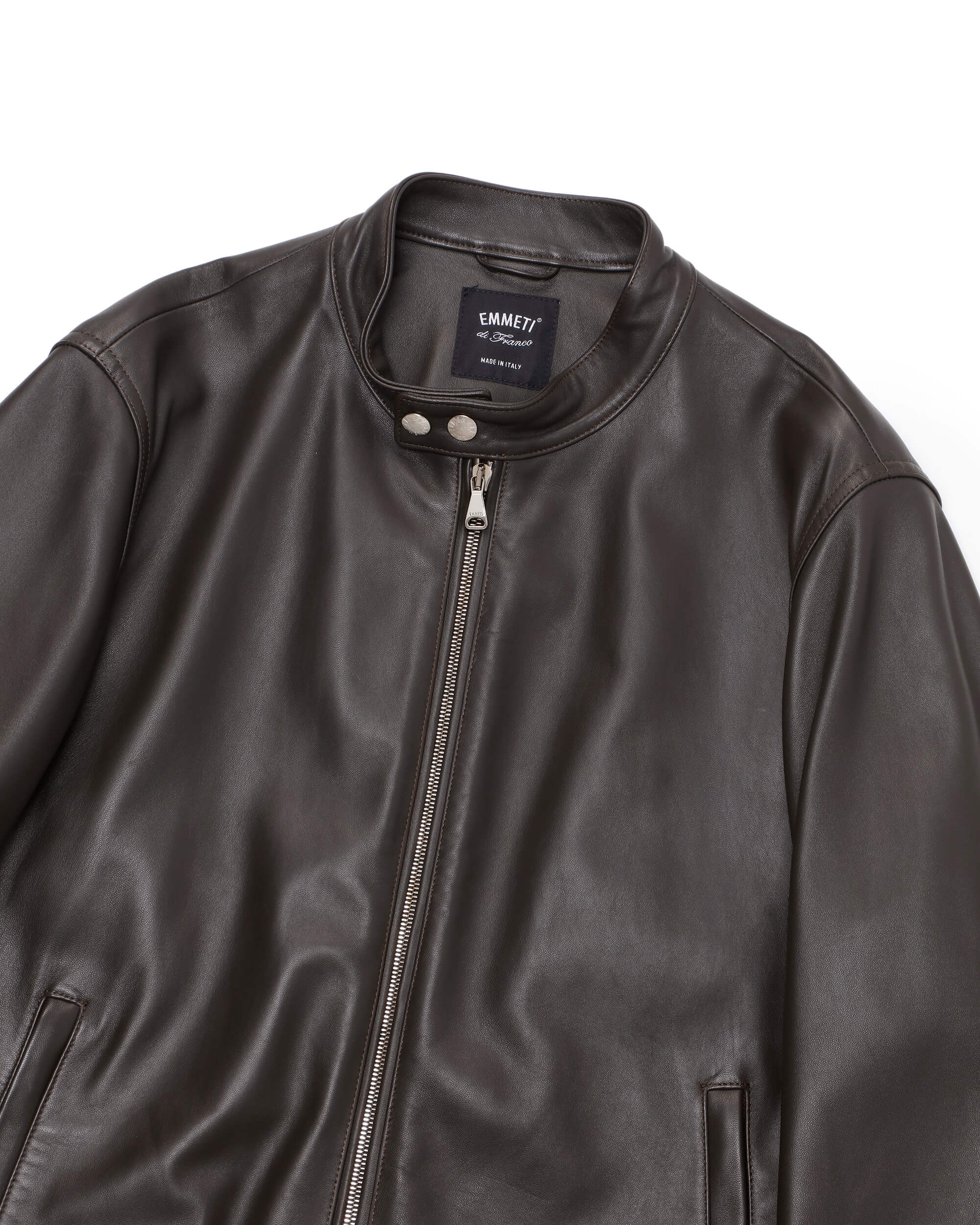 H UOMO(アッカウォモ) シルバーZIP ナッパチェラータ ラムレザーシングルライダース / ダークブラウン