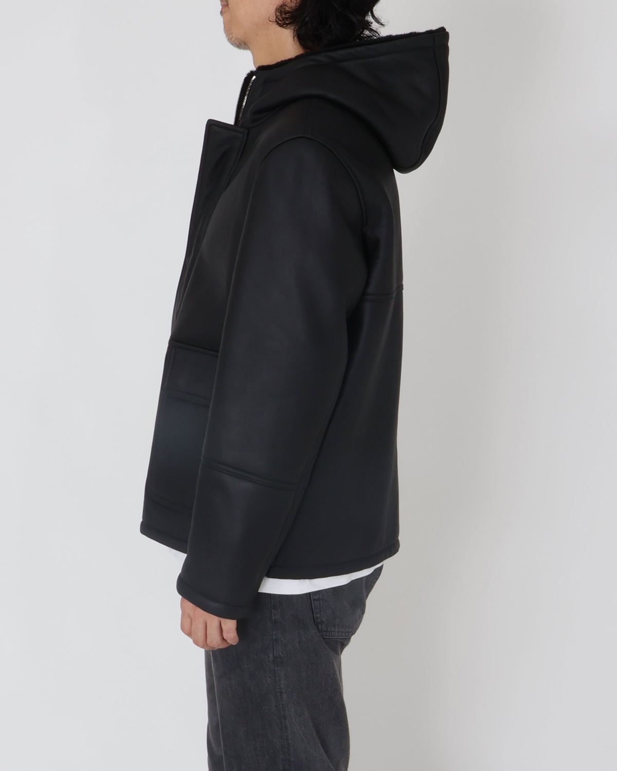 WALLAS Gunmetal Zip Special Mouton Hooded Coat / Black