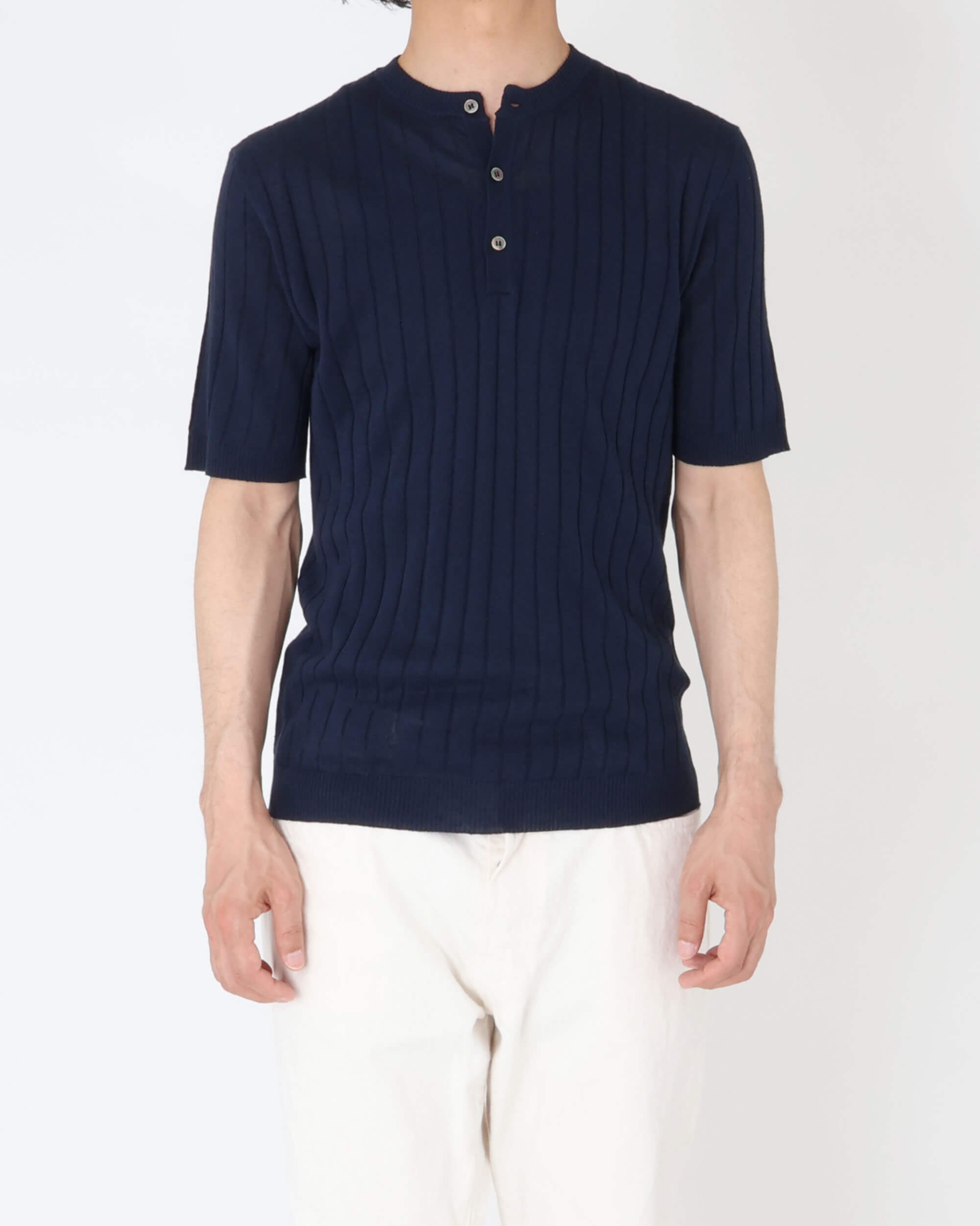 コットンリネン クルーネック ニット with buttons S/S / ネイビー