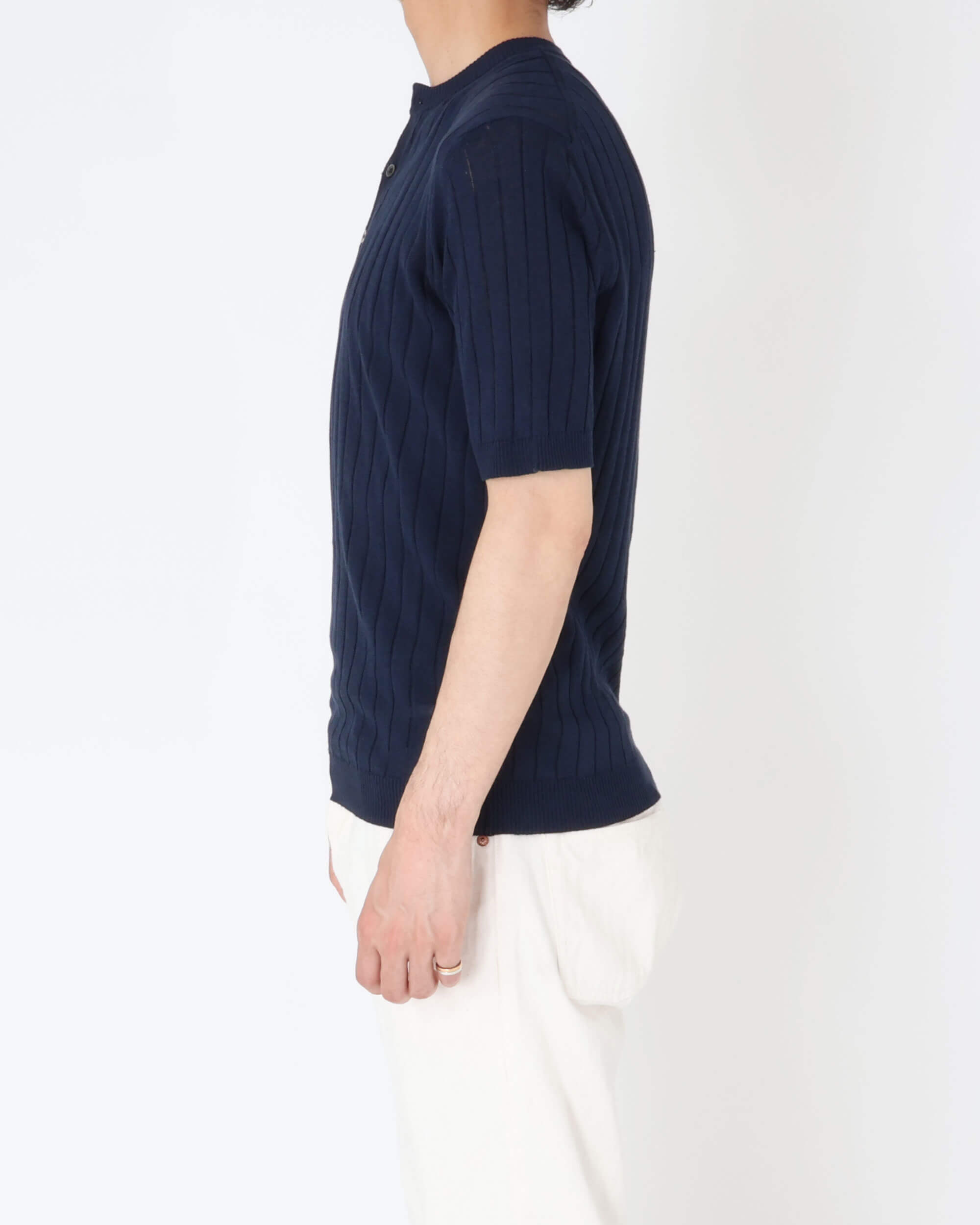 コットンリネン クルーネック ニット with buttons S/S / ネイビー