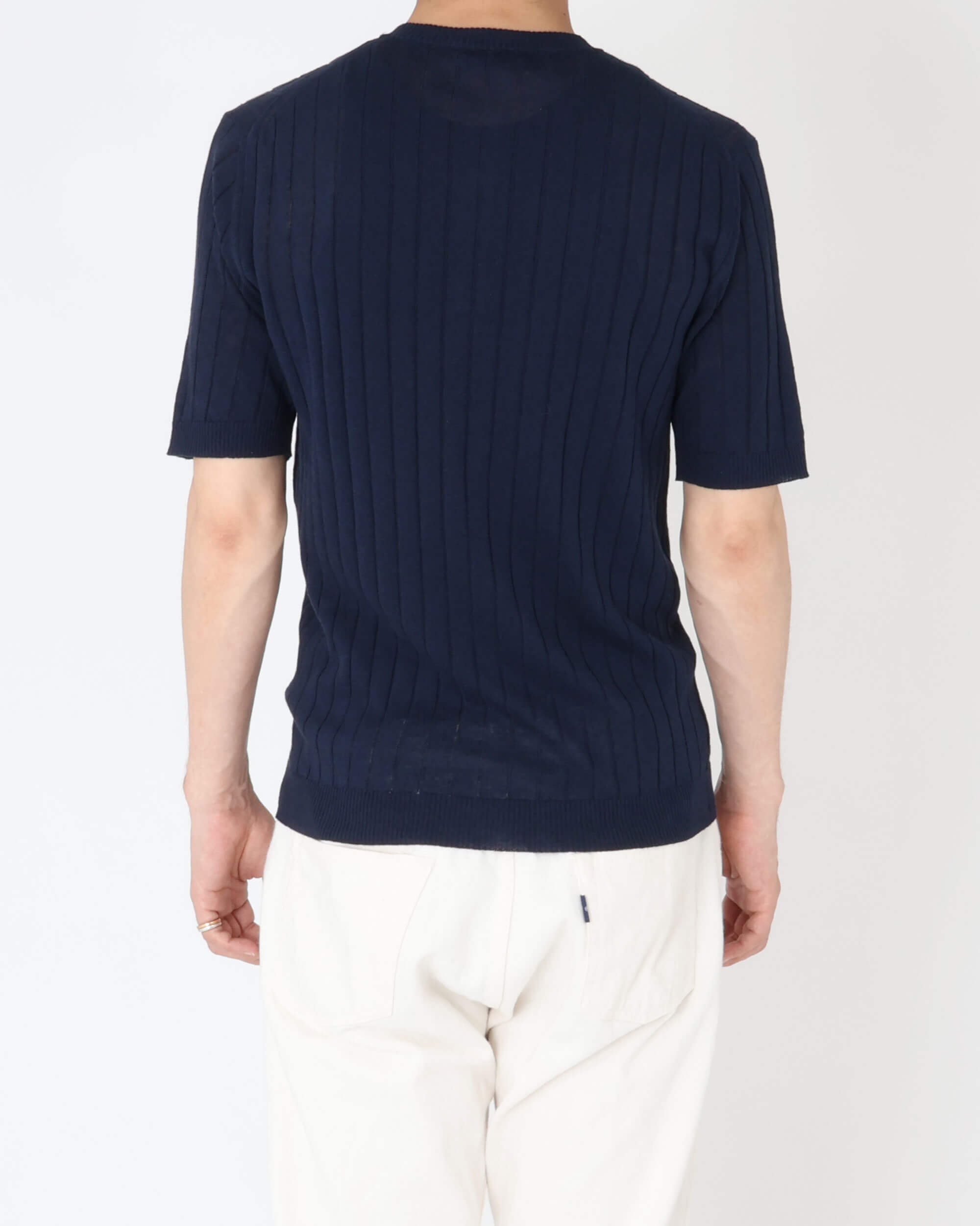 コットンリネン クルーネック ニット with buttons S/S / ネイビー