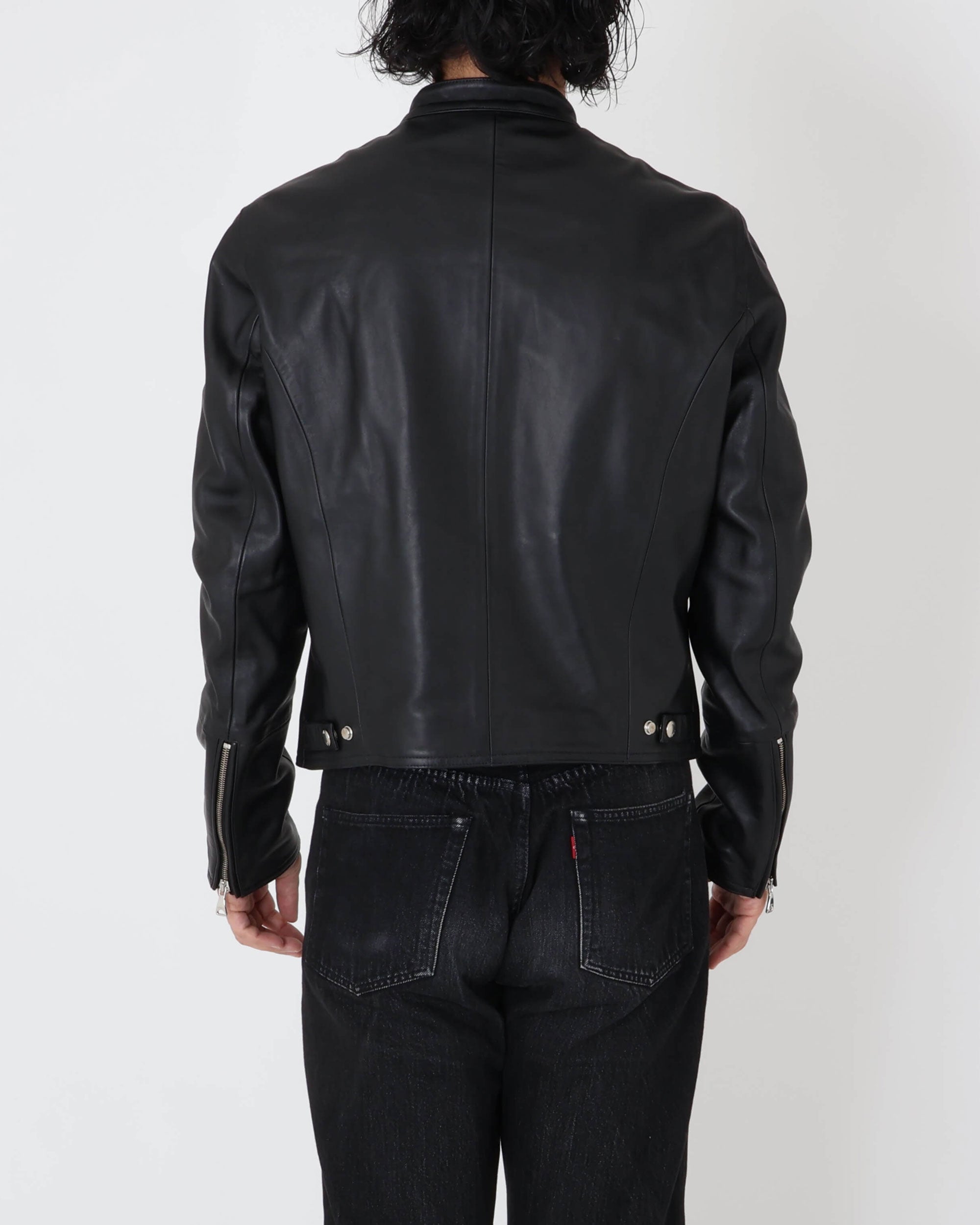 H UOMO(アッカウォモ) シルバーZIP ナッパチェラータ ラムレザーシングルライダース / ブラック