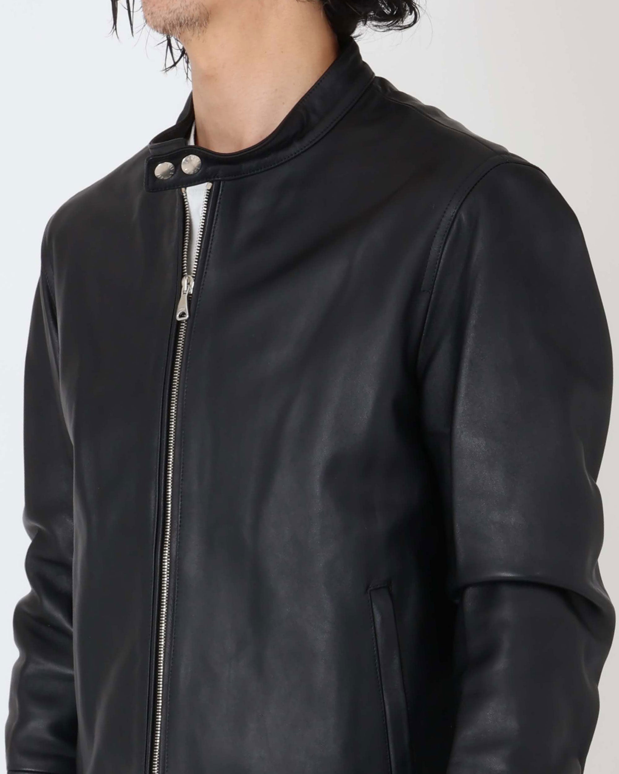 H UOMO(アッカウォモ) シルバーZIP ナッパチェラータ ラムレザーシングルライダース / ブラック