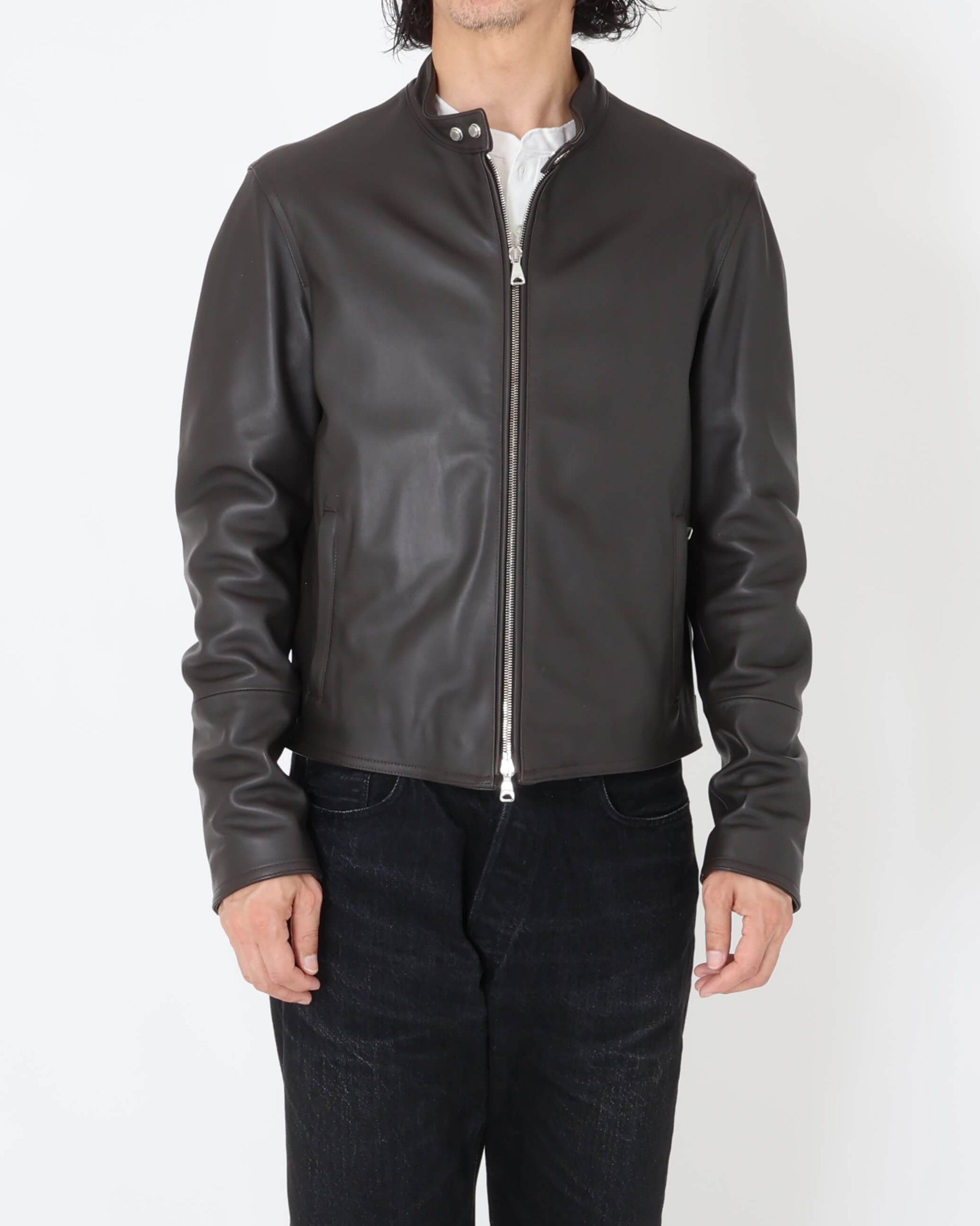 H UOMO(アッカウォモ) シルバーZIP ナッパチェラータ ラムレザーシングルライダース / ダークブラウン