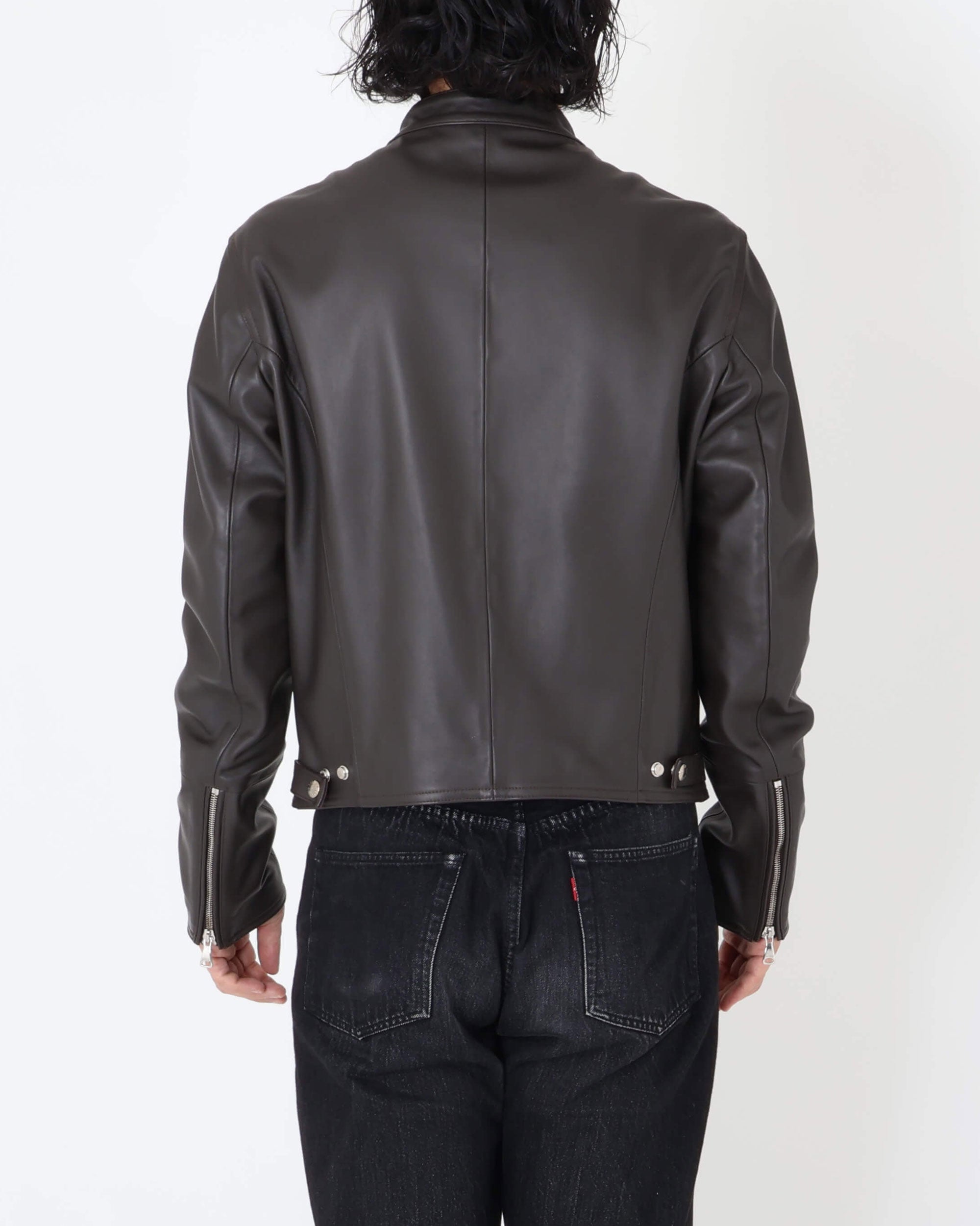 H UOMO(アッカウォモ) シルバーZIP ナッパチェラータ ラムレザーシングルライダース / ダークブラウン
