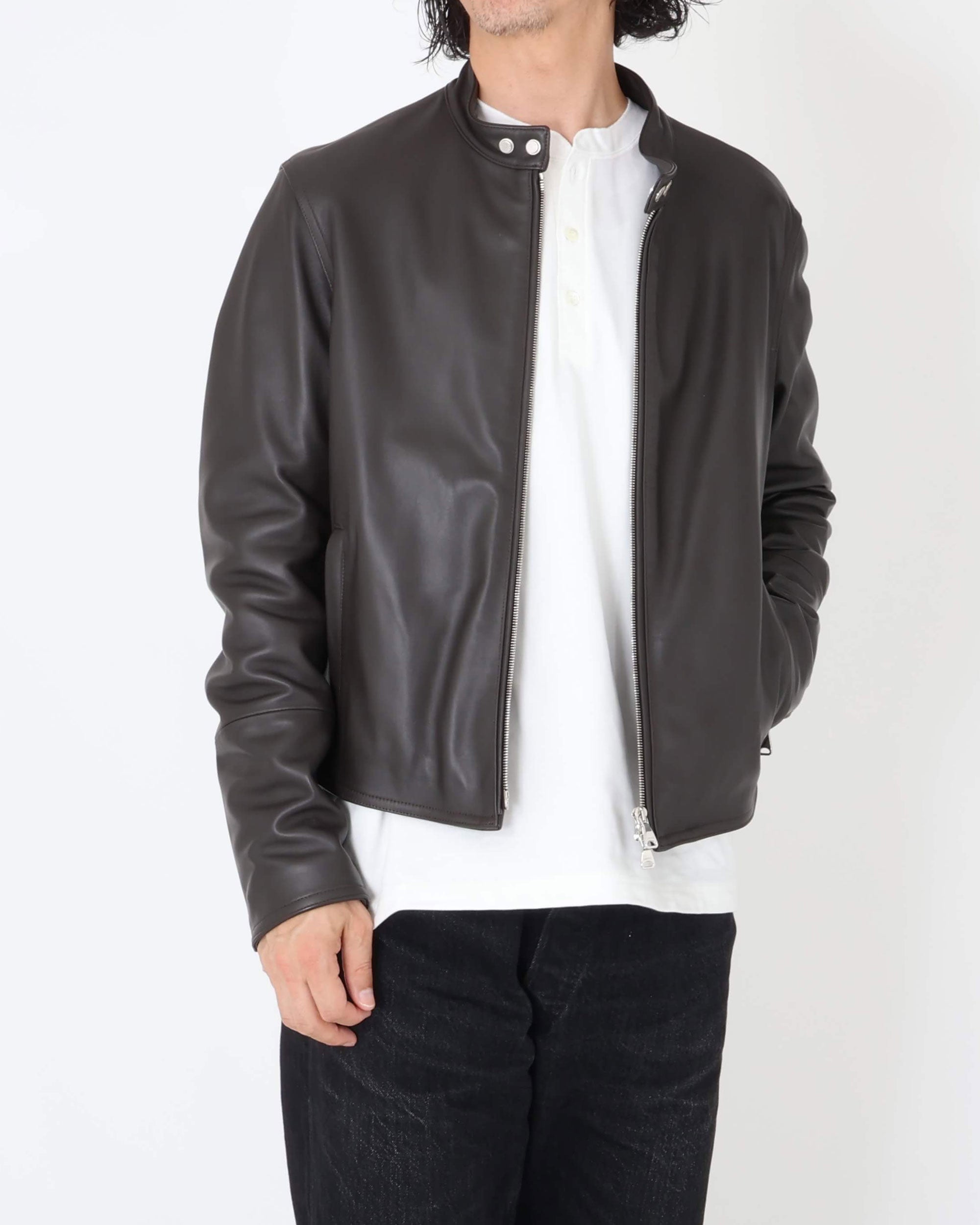 H UOMO(アッカウォモ) シルバーZIP ナッパチェラータ ラムレザーシングルライダース / ダークブラウン