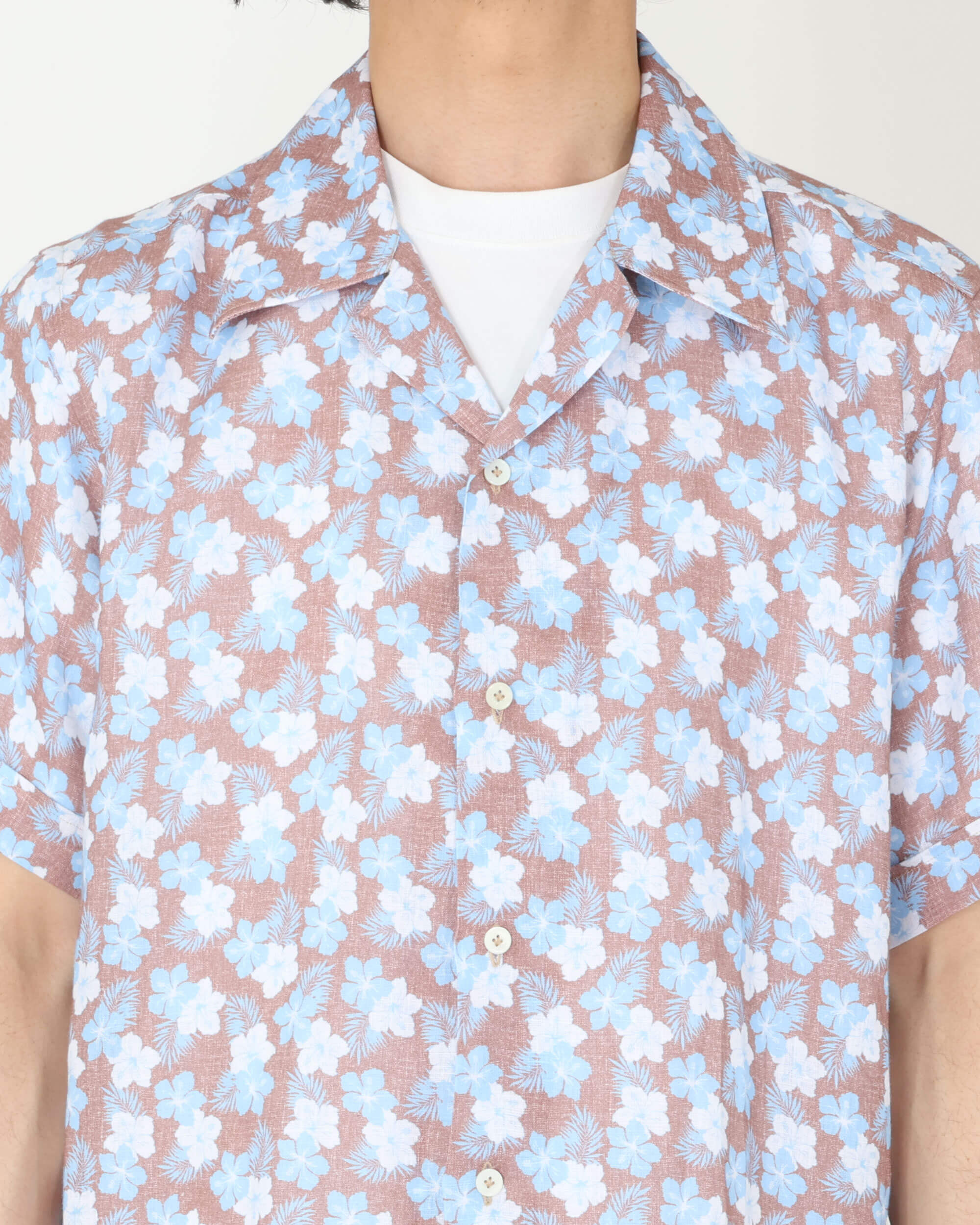 Camicia botanica a maniche corte in cotone con colletto aperto / HAWAII / Marrone