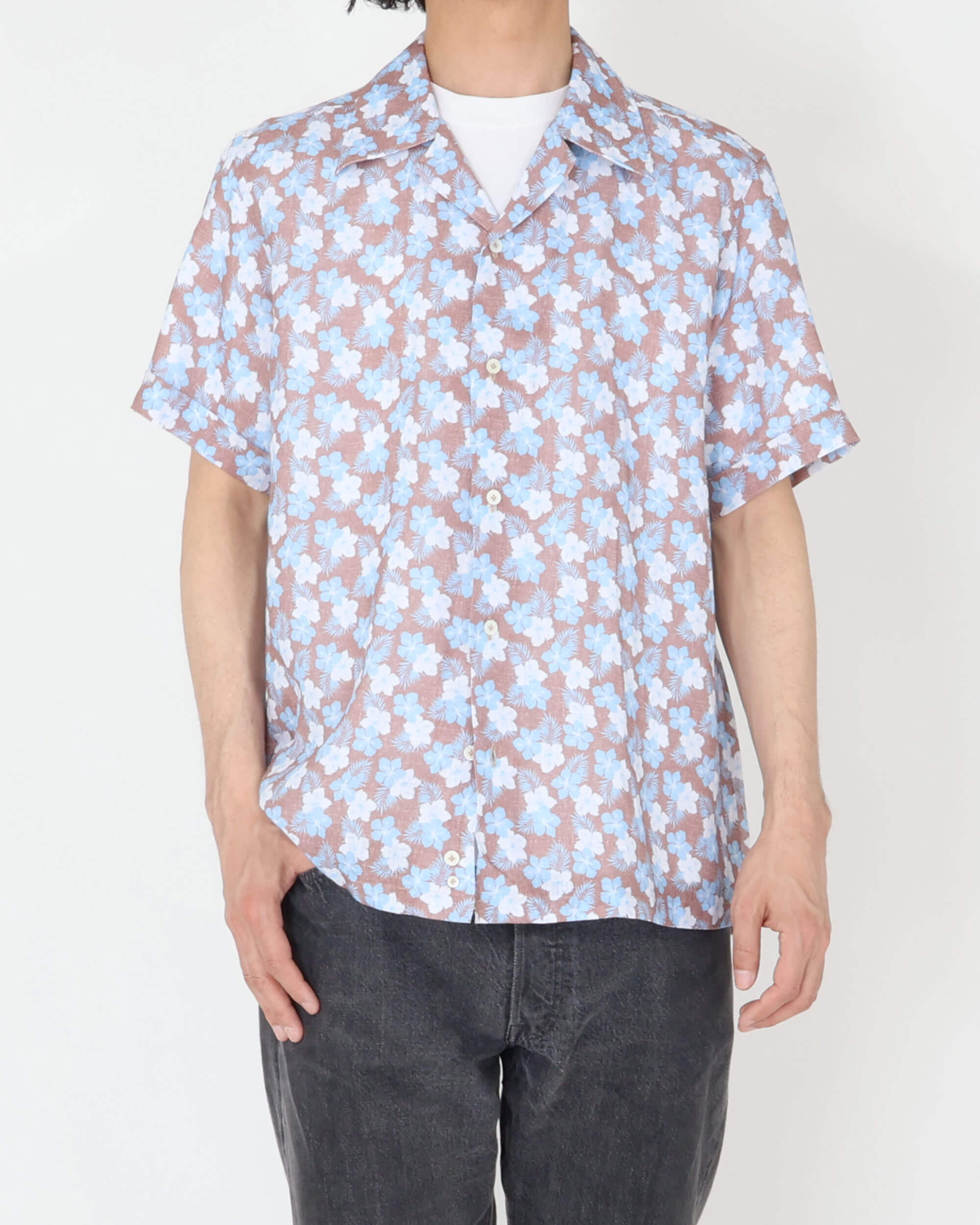 Camicia botanica a maniche corte in cotone con colletto aperto / HAWAII / Marrone