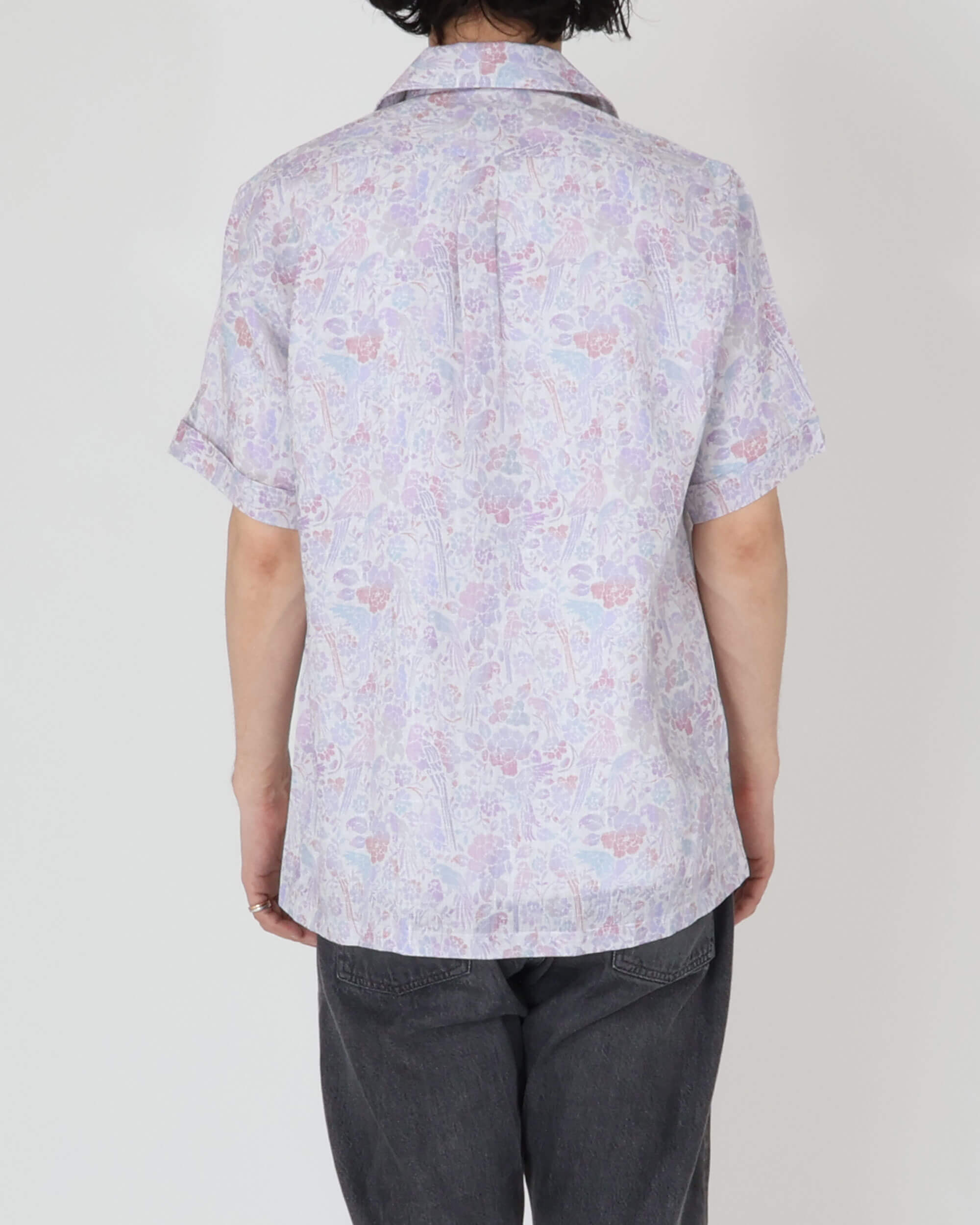 Camicia in cotone con colletto aperto a maniche corte, stampa botanica / HAWAII / Oliva