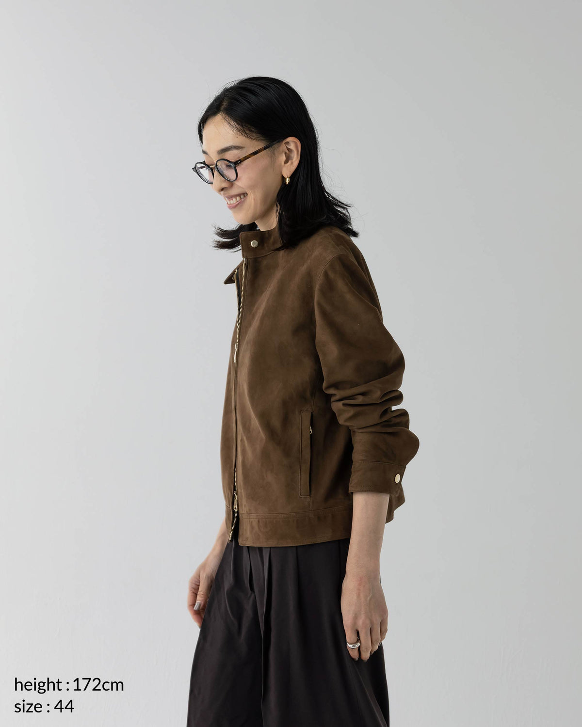 JURI DONNA (Yuri Donna) Giacca da motociclista singola in camoscio di capra con zip dorata OVER SIZE / Marrone