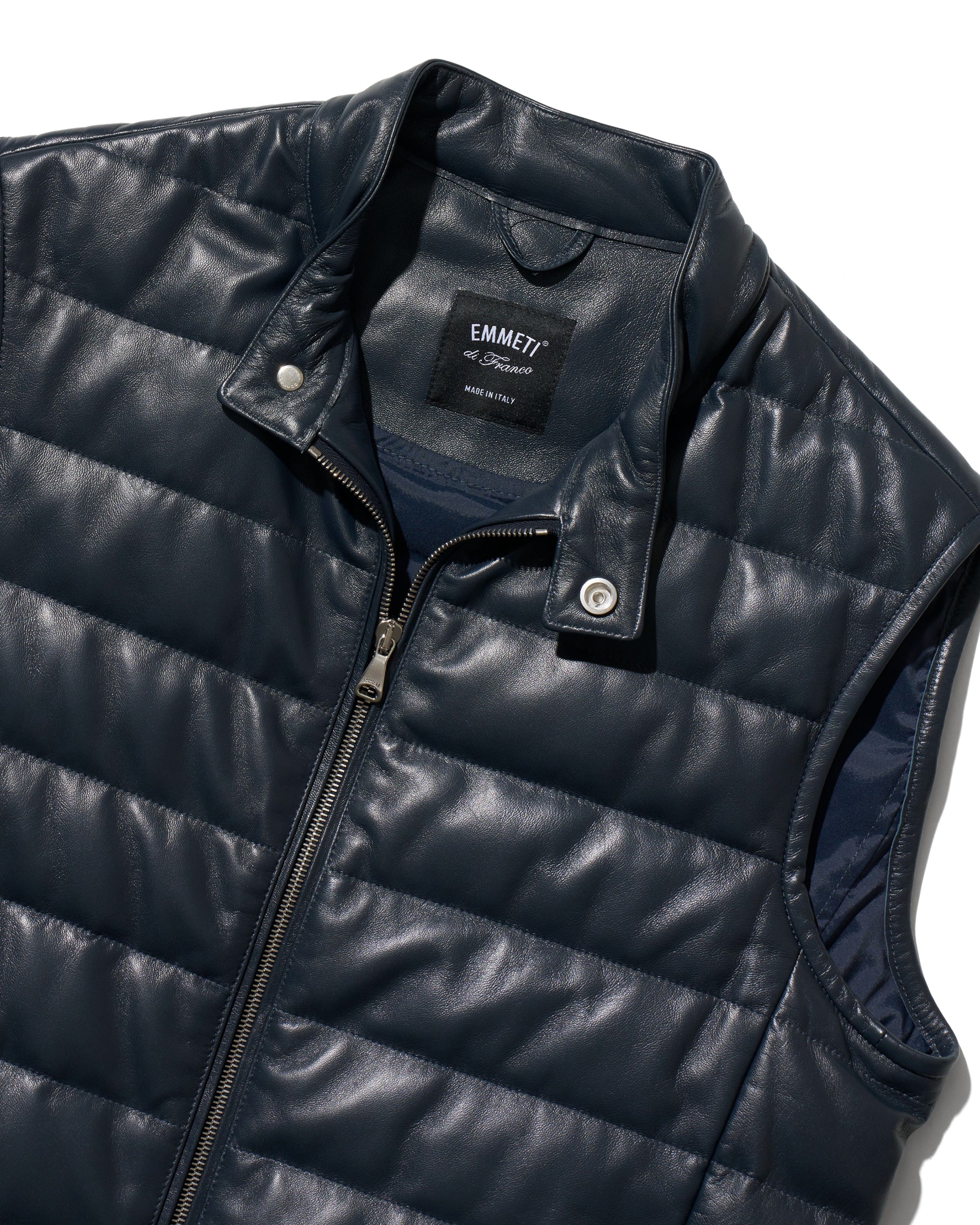 JURI D.VEST(ユリ ダウンベスト) シルバーZIP ラムレザーナッパ / ダークネイビー