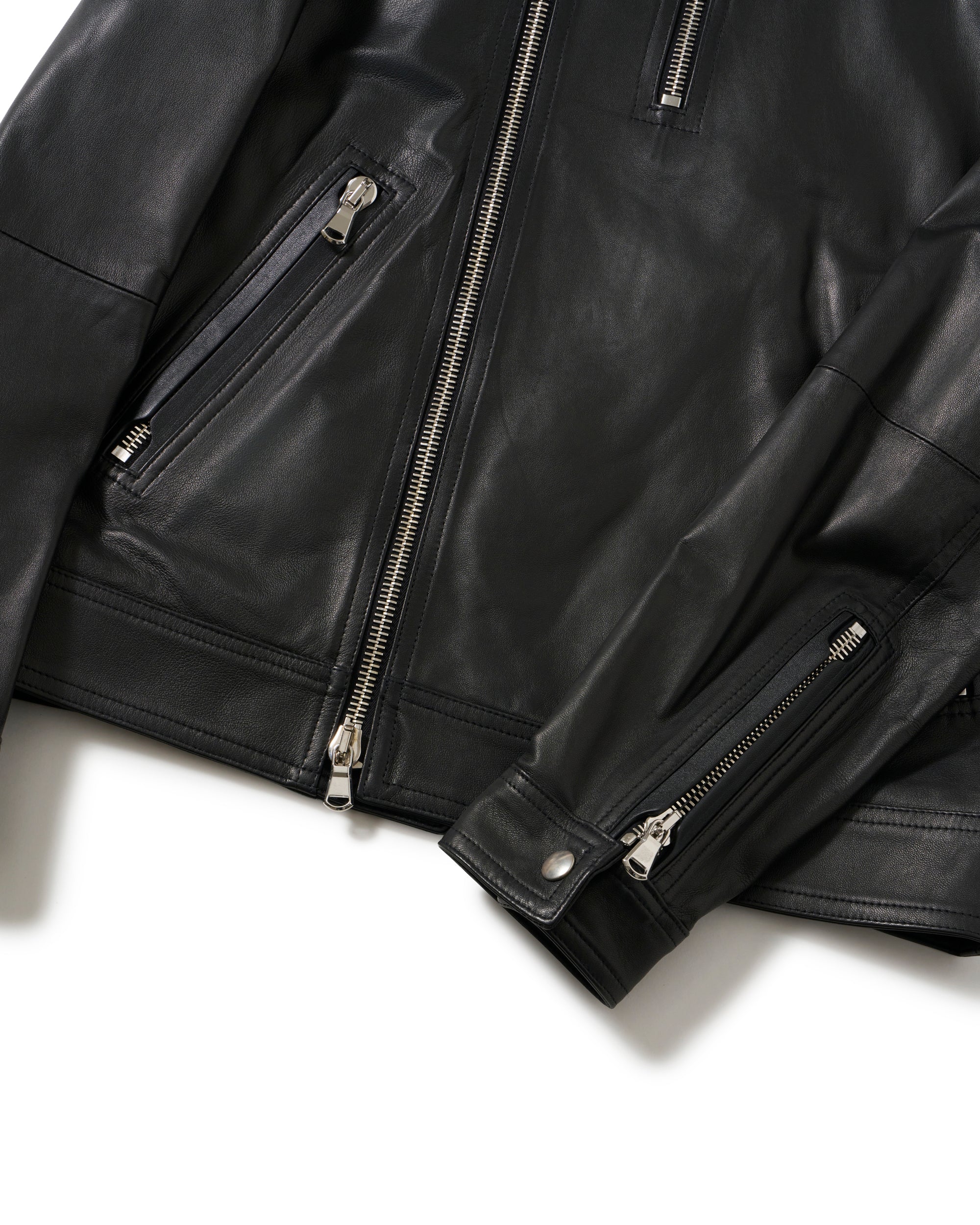 TEO(テオ)シルバーZIP ナッパシルクラムレザー セミダブルライダース / ブラック