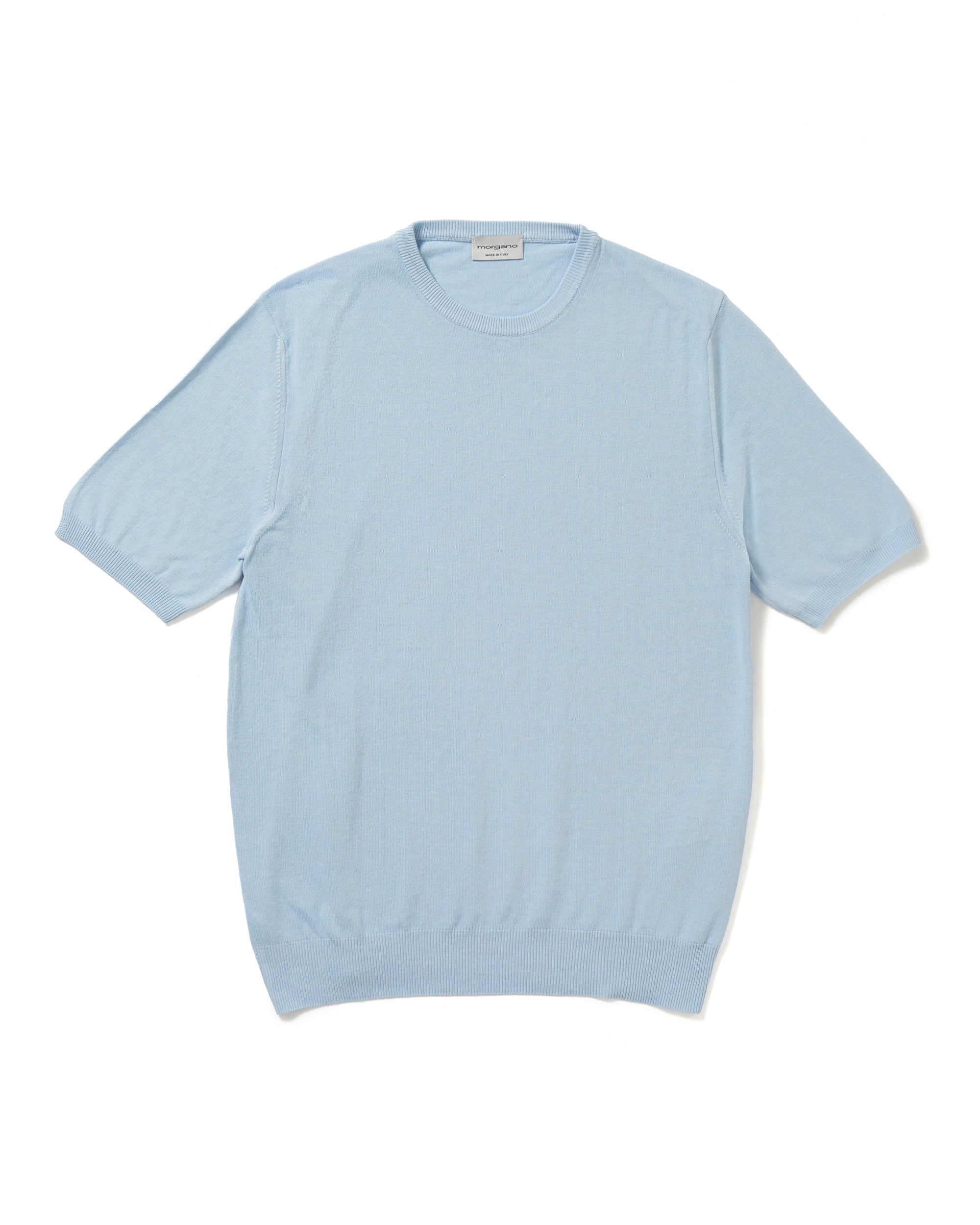 MAKOコットン ハイゲージ クルーネックニット S/S / サックス