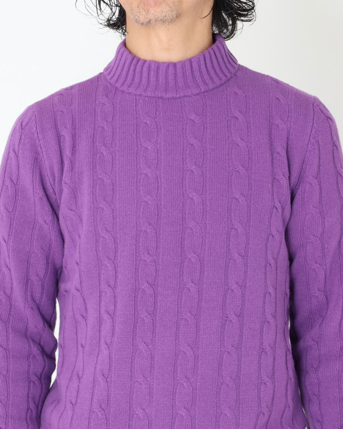 ウールカシミヤ 7ゲージ ケーブルモックネックニット / アメジストパープル