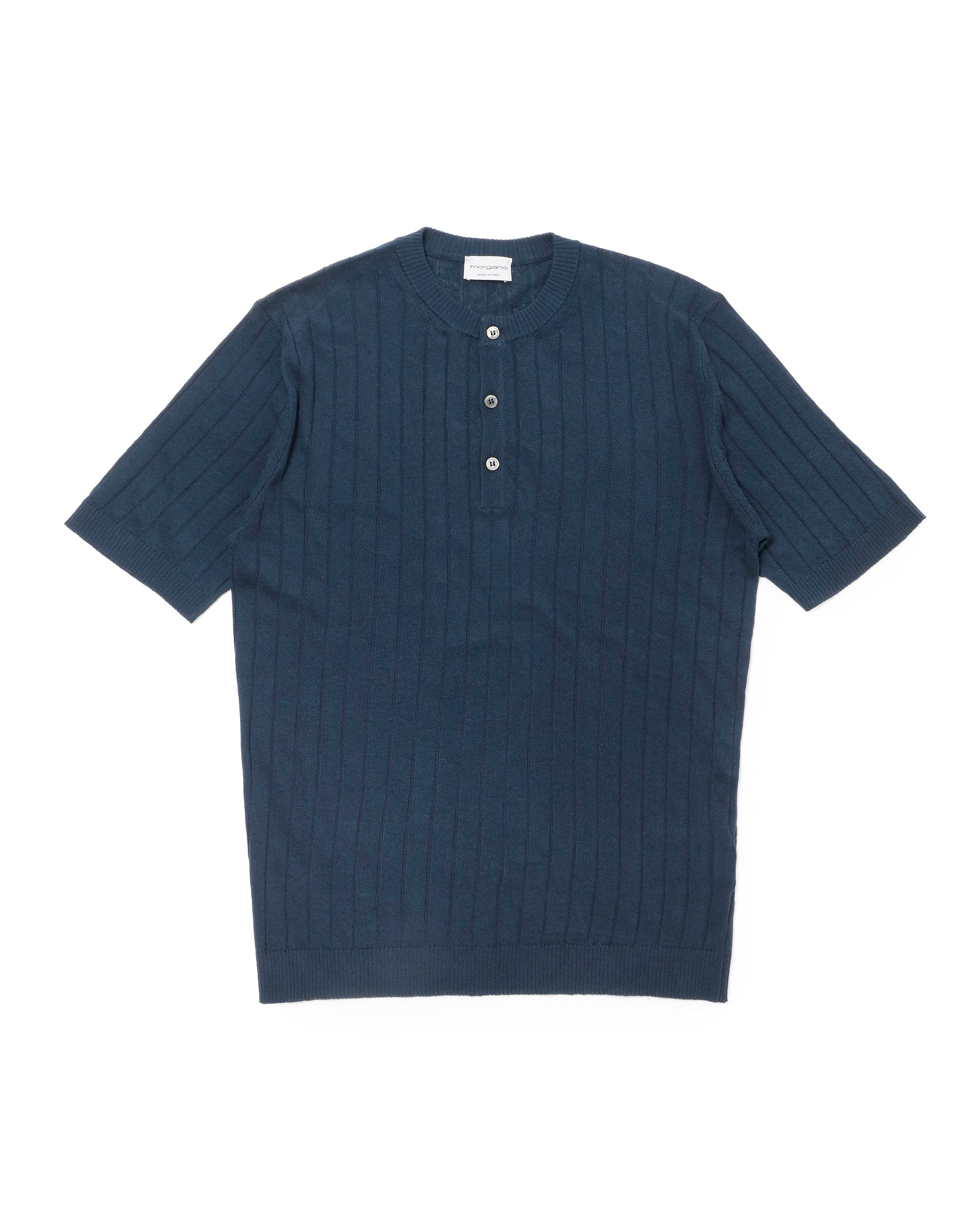 コットンリネン クルーネック ニット with buttons S/S / ネイビー