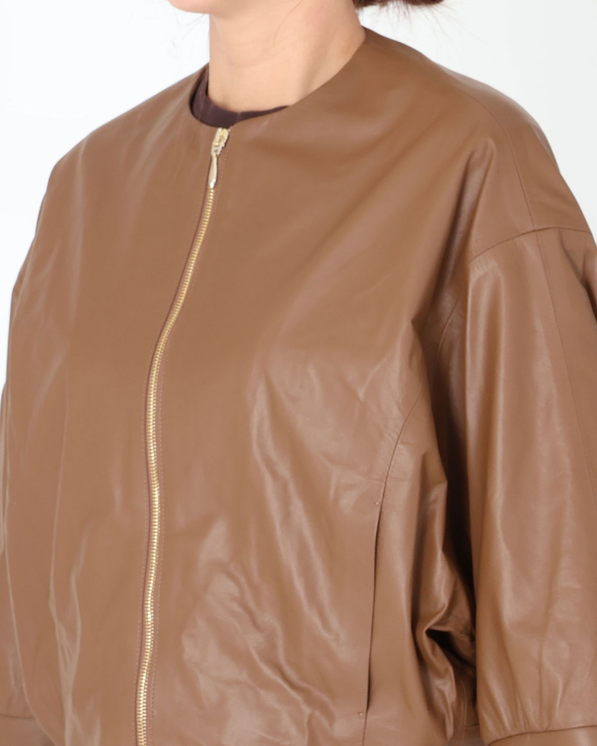 TILLY Gold Zip SP Lamb Leather No-Collar Short Blouson / Brown