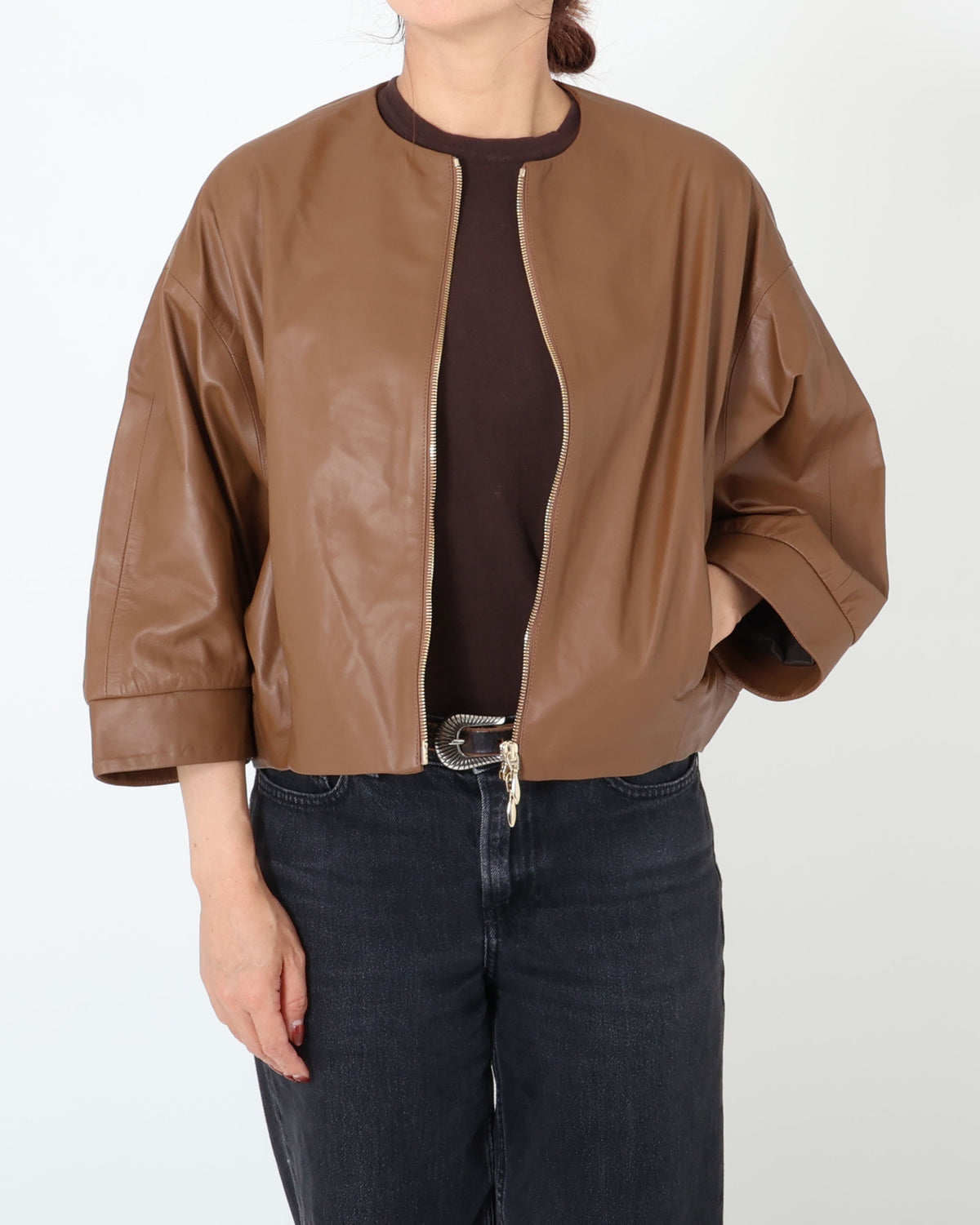 TILLY Gold Zip SP Lamb Leather No-Collar Short Blouson / Brown