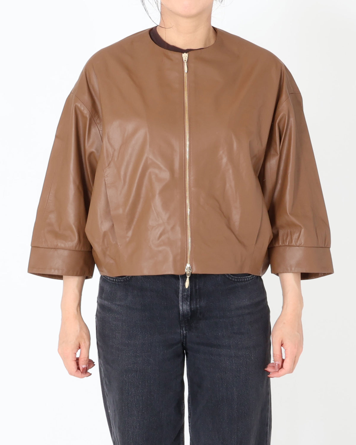 TILLY Gold Zip SP Lamb Leather No-Collar Short Blouson / Brown