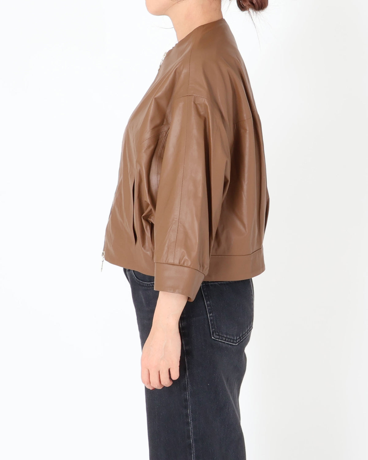 TILLY Gold Zip SP Lamb Leather No-Collar Short Blouson / Brown