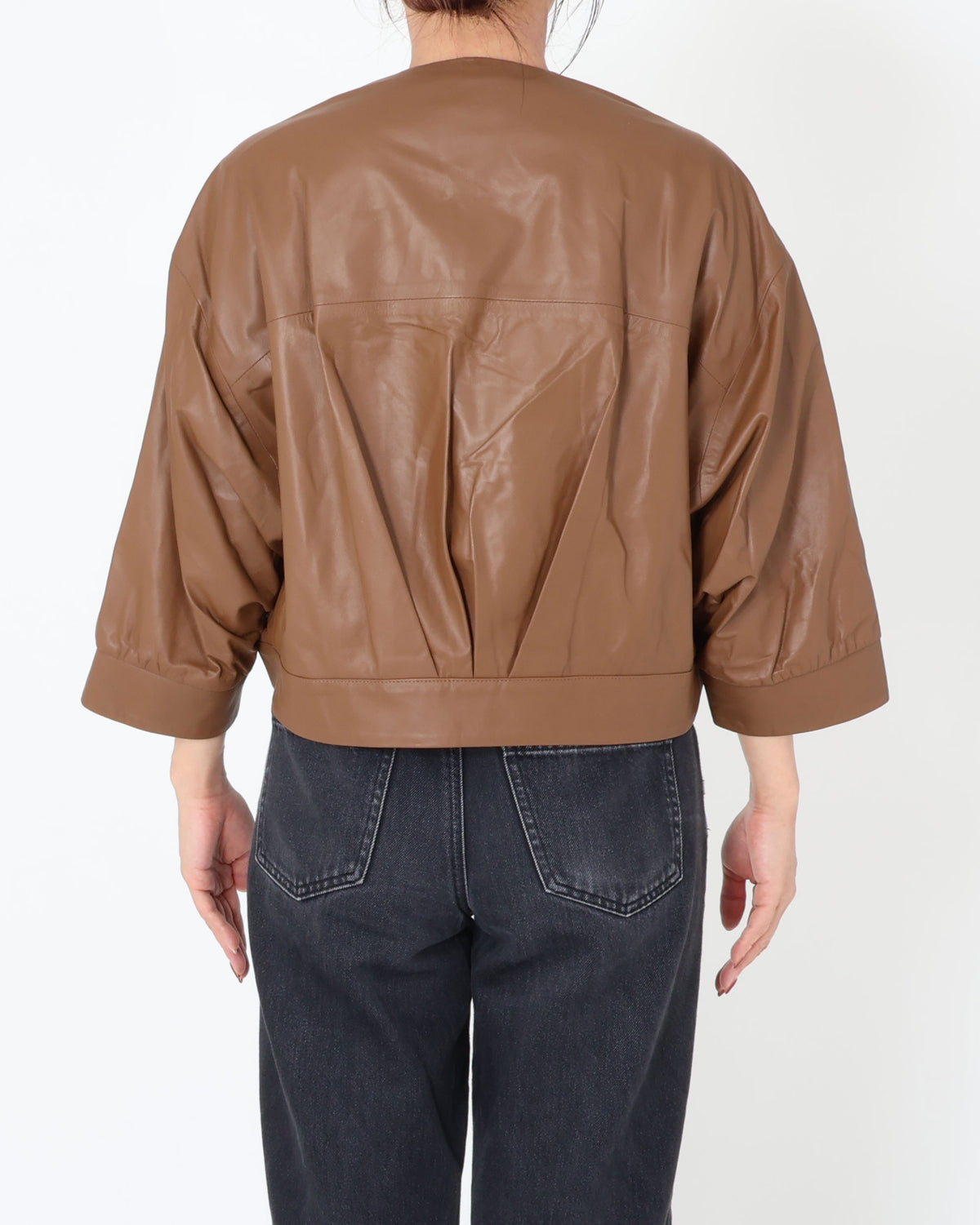 TILLY Gold Zip SP Lamb Leather No-Collar Short Blouson / Brown