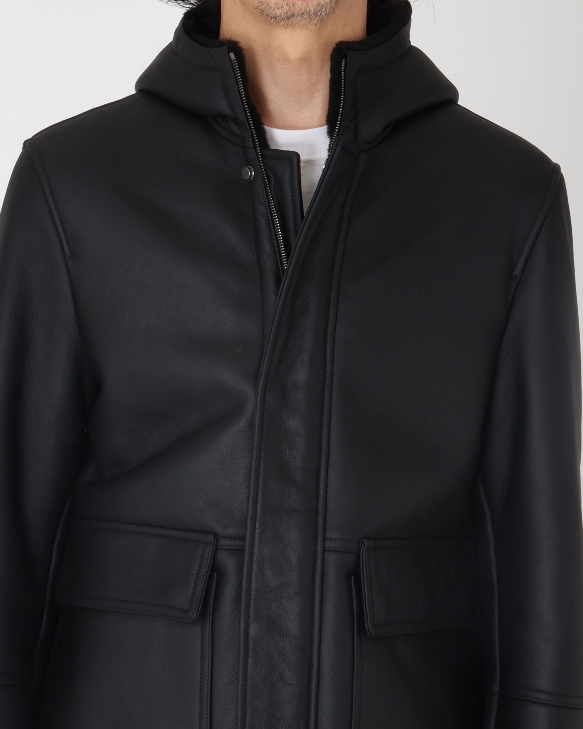 WALLAS Gunmetal Zip Special Mouton Hooded Coat / Black