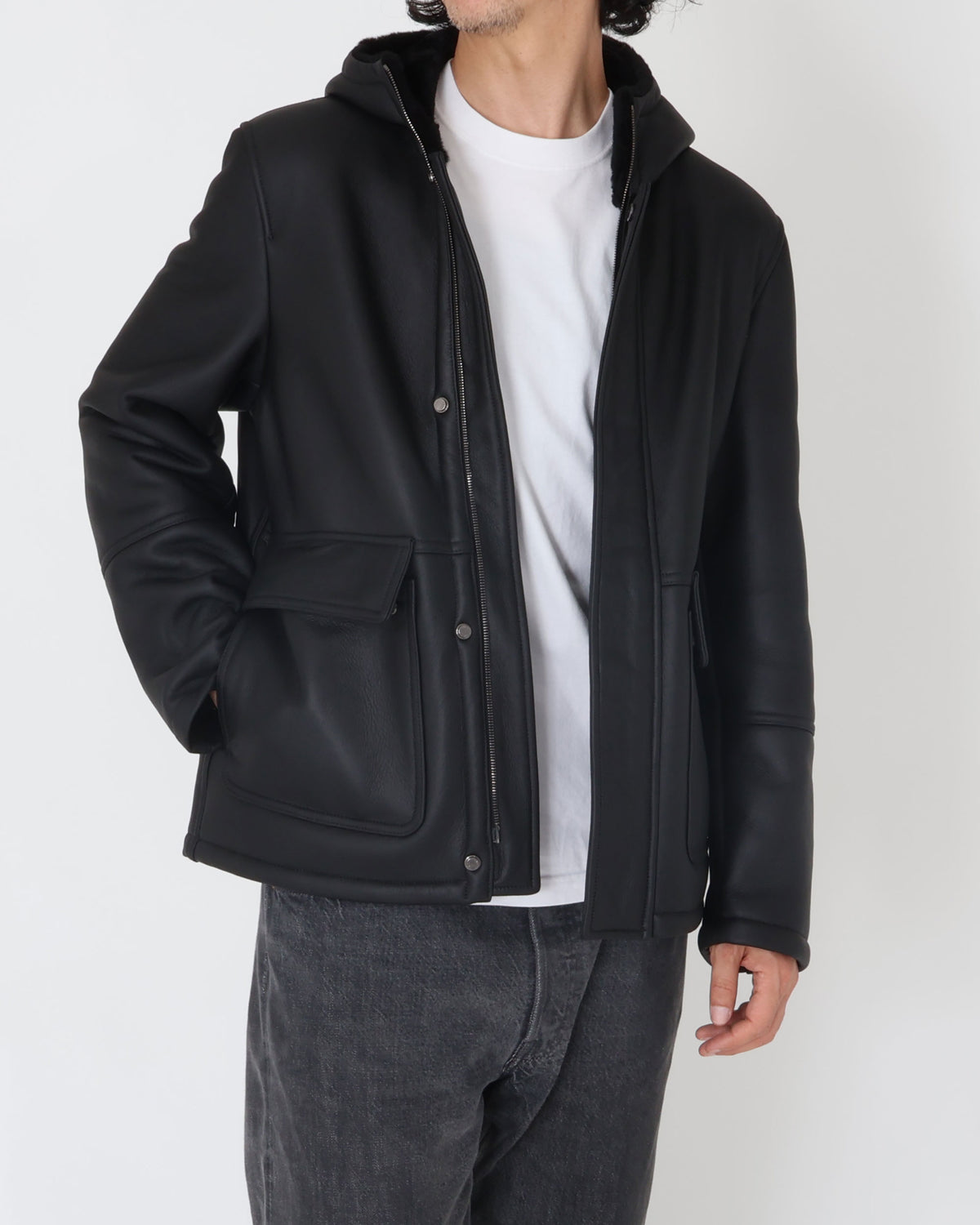 WALLAS Gunmetal Zip Special Mouton Hooded Coat / Black