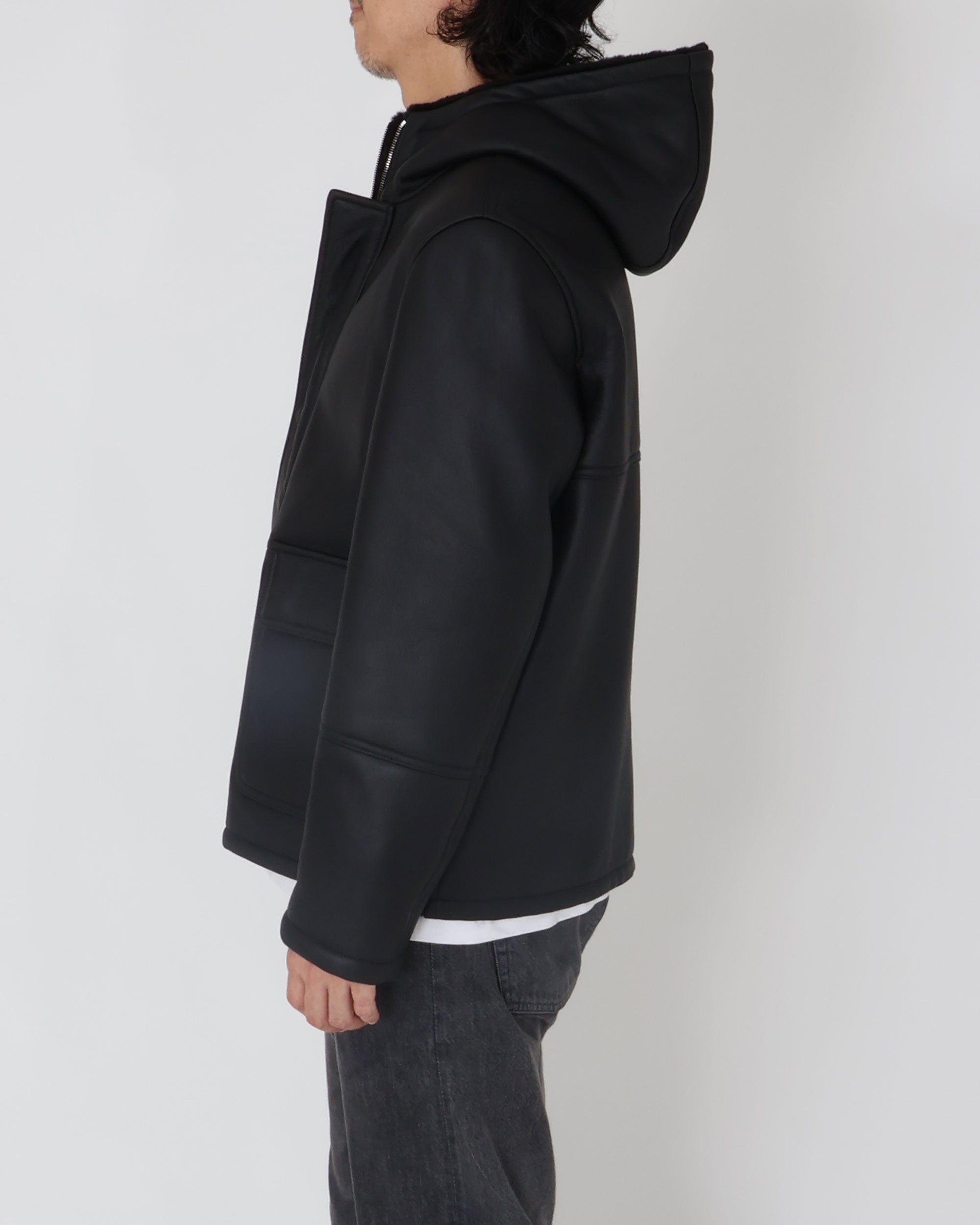 WALLAS Gunmetal Zip Special Mouton Hooded Coat / Black