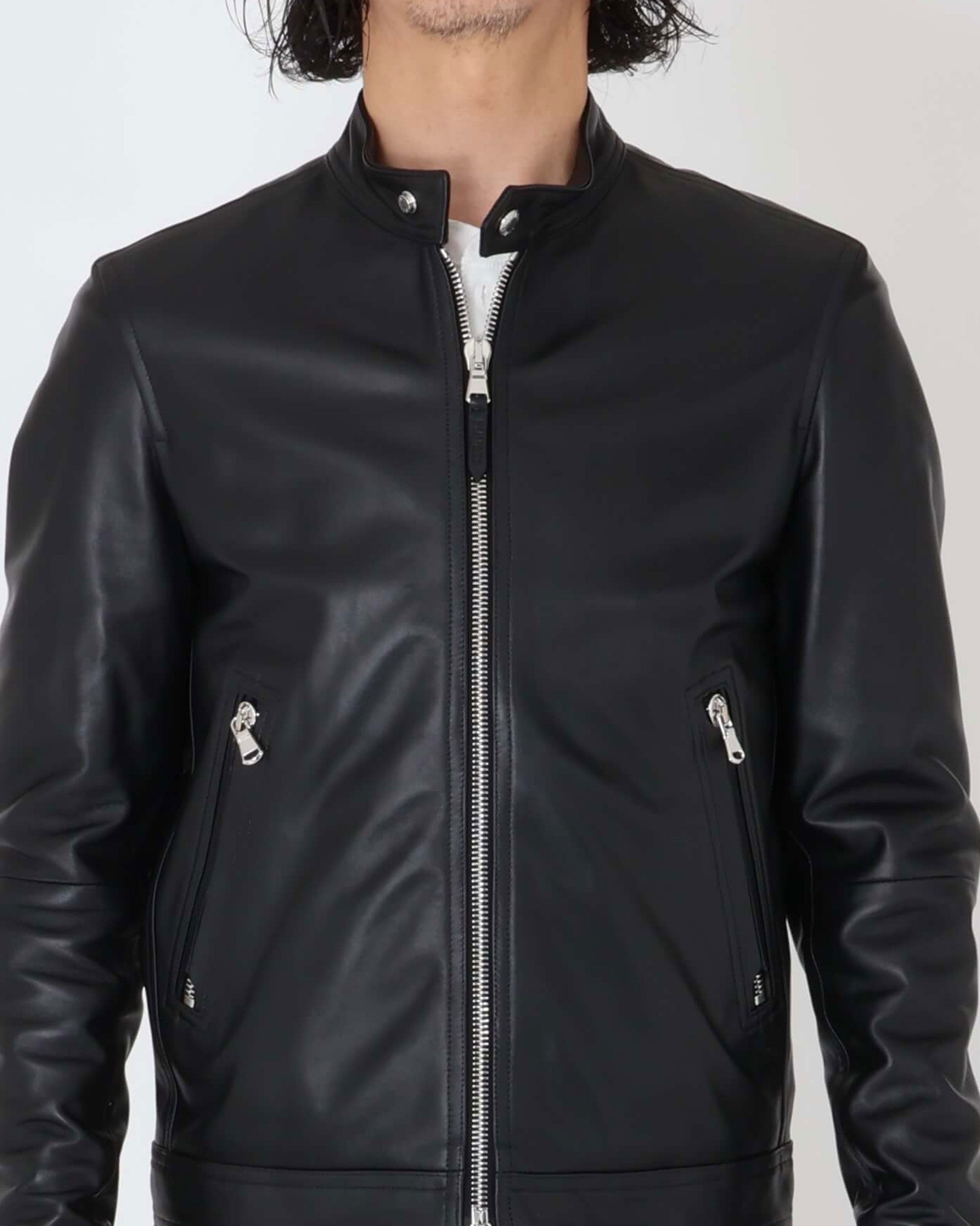 MASSIMO（マッシモ） シルバーZIP ナッパチェラータ ラムレザーシングルライダース / ブラック