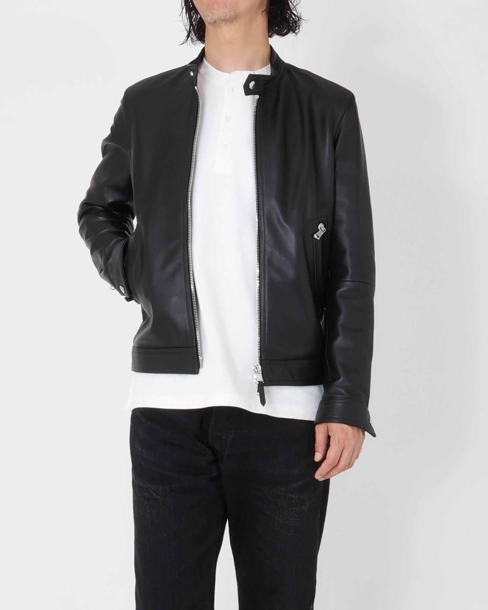 MASSIMO（マッシモ） シルバーZIP ナッパチェラータ ラムレザーシングルライダース / ブラック