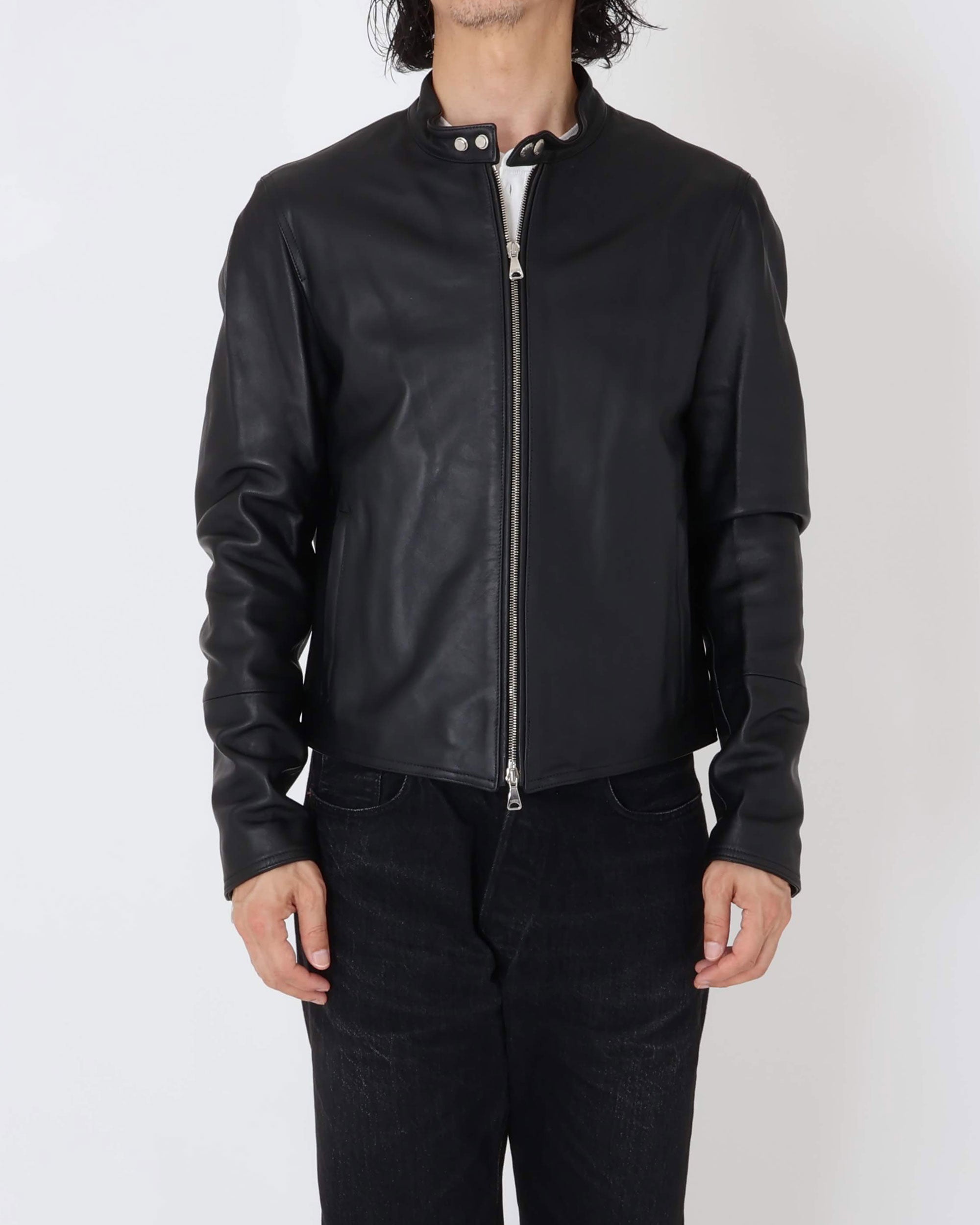 H UOMO（アッカウォモ） シルバーZIP  ナッパチェラータ ラムレザーシングルライダース / ブラック