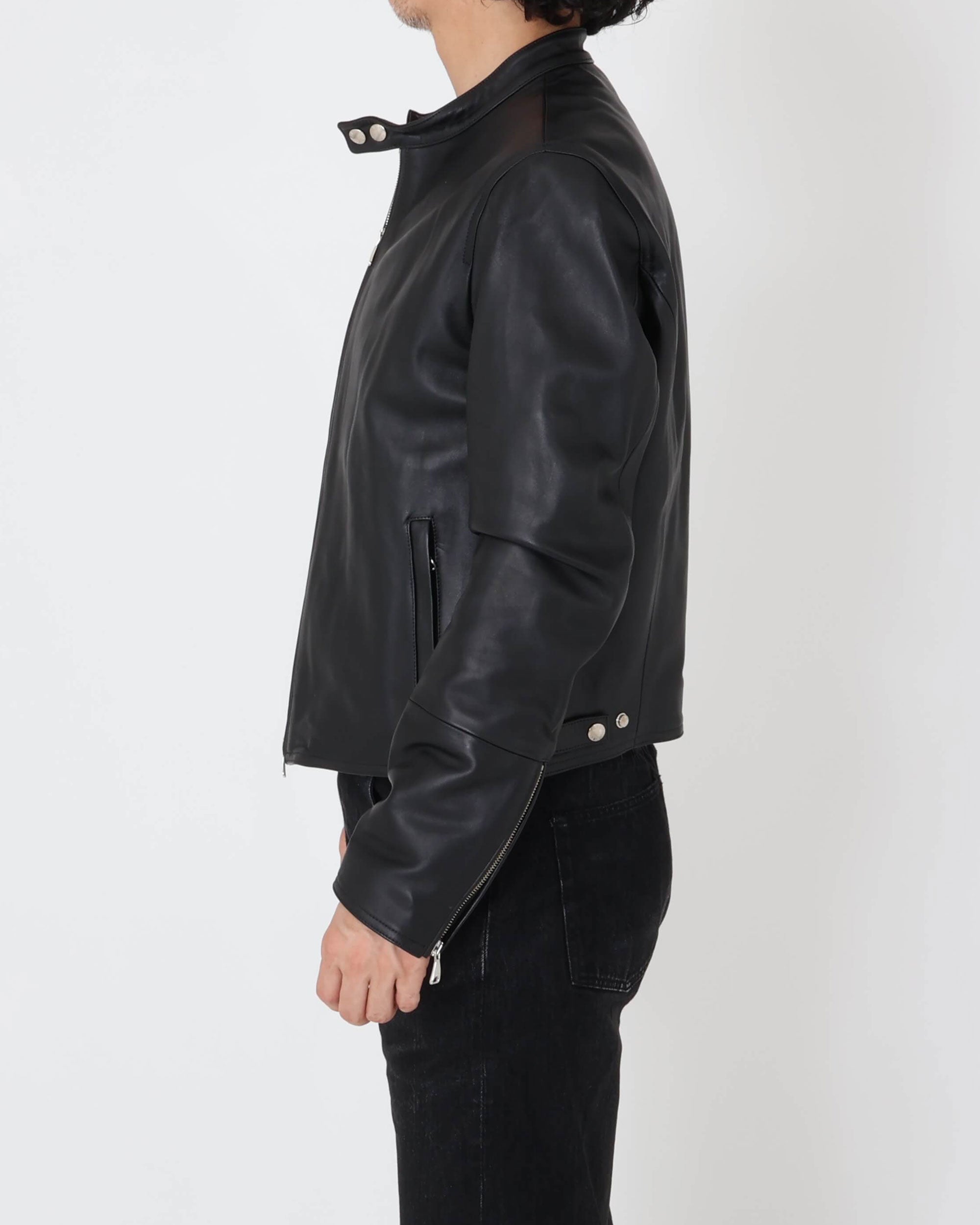H UOMO（アッカウォモ） シルバーZIP  ナッパチェラータ ラムレザーシングルライダース / ブラック