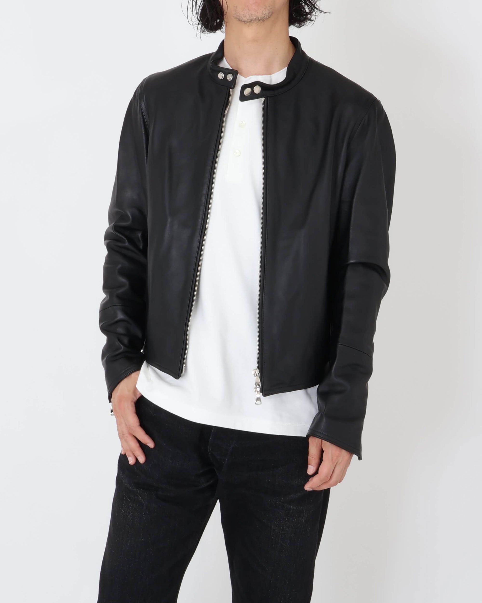 H UOMO（アッカウォモ） シルバーZIP  ナッパチェラータ ラムレザーシングルライダース / ブラック