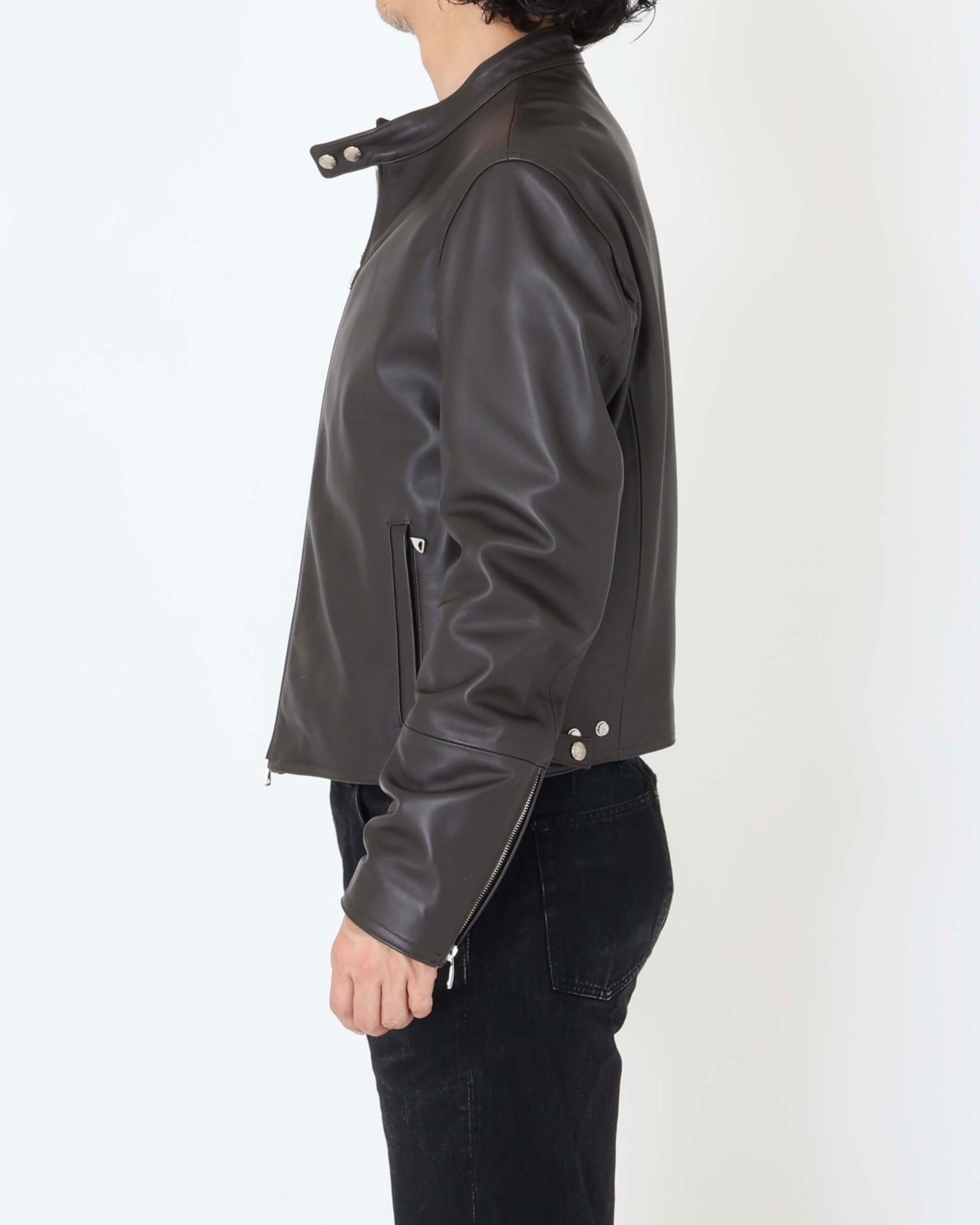 H UOMO（アッカウォモ） シルバーZIP  ナッパチェラータ ラムレザーシングルライダース / ダークブラウン