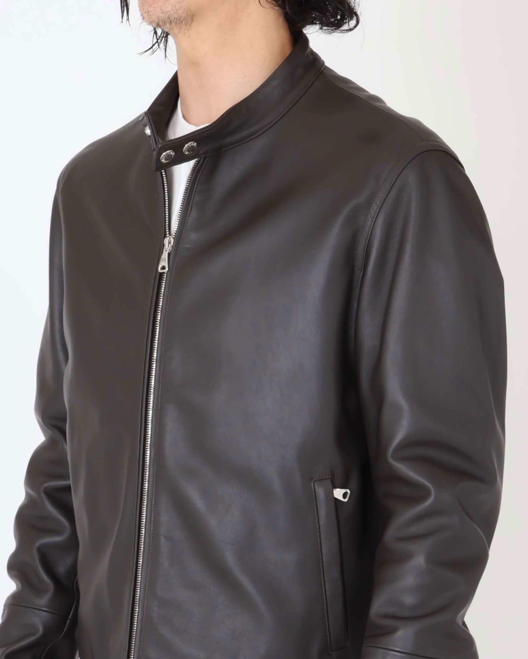 H UOMO（アッカウォモ） シルバーZIP  ナッパチェラータ ラムレザーシングルライダース / ダークブラウン