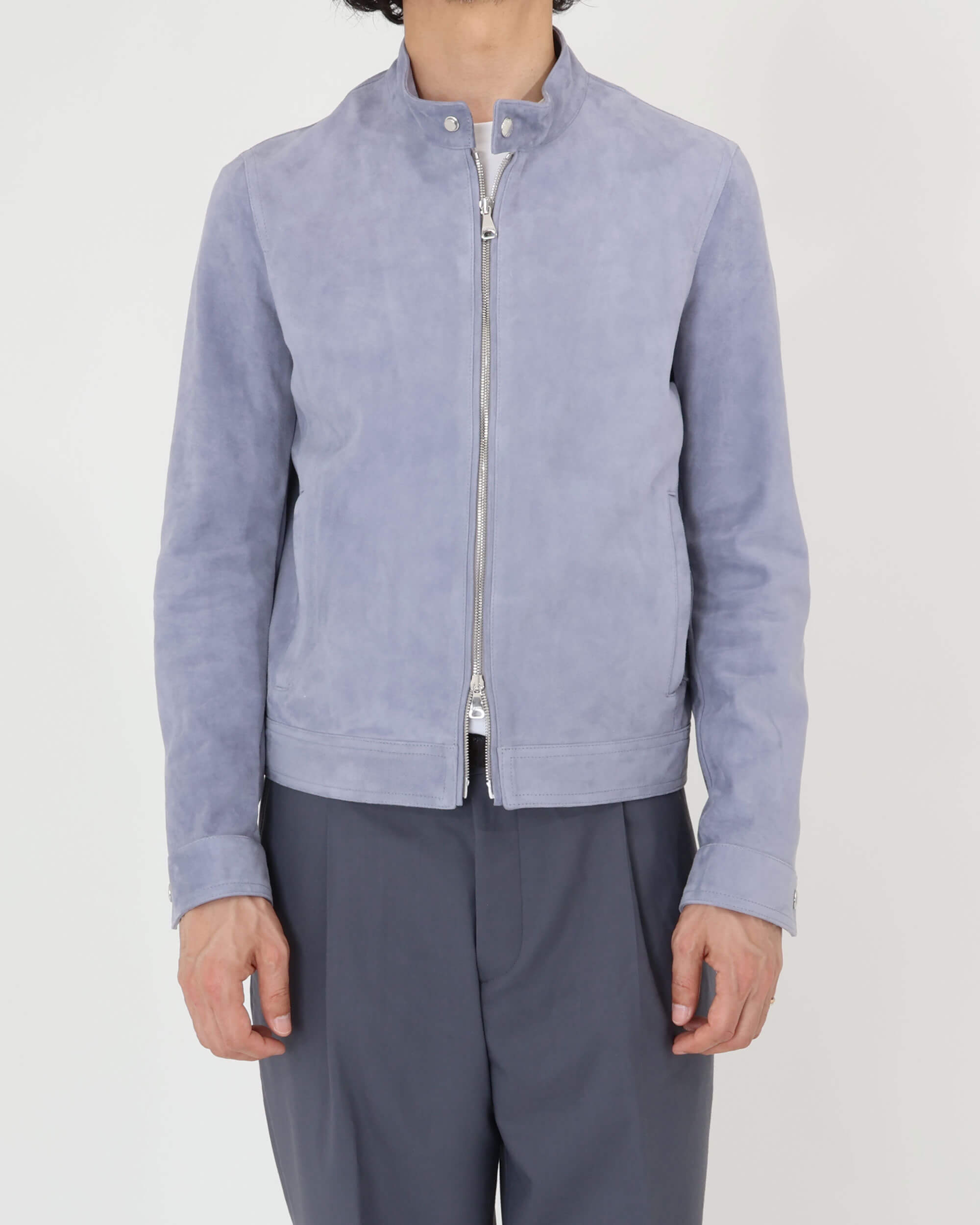 JURI SF（ユリ スフォデラータ） シルバーZIP ゴートスエード シングルライダース / ペールブルー