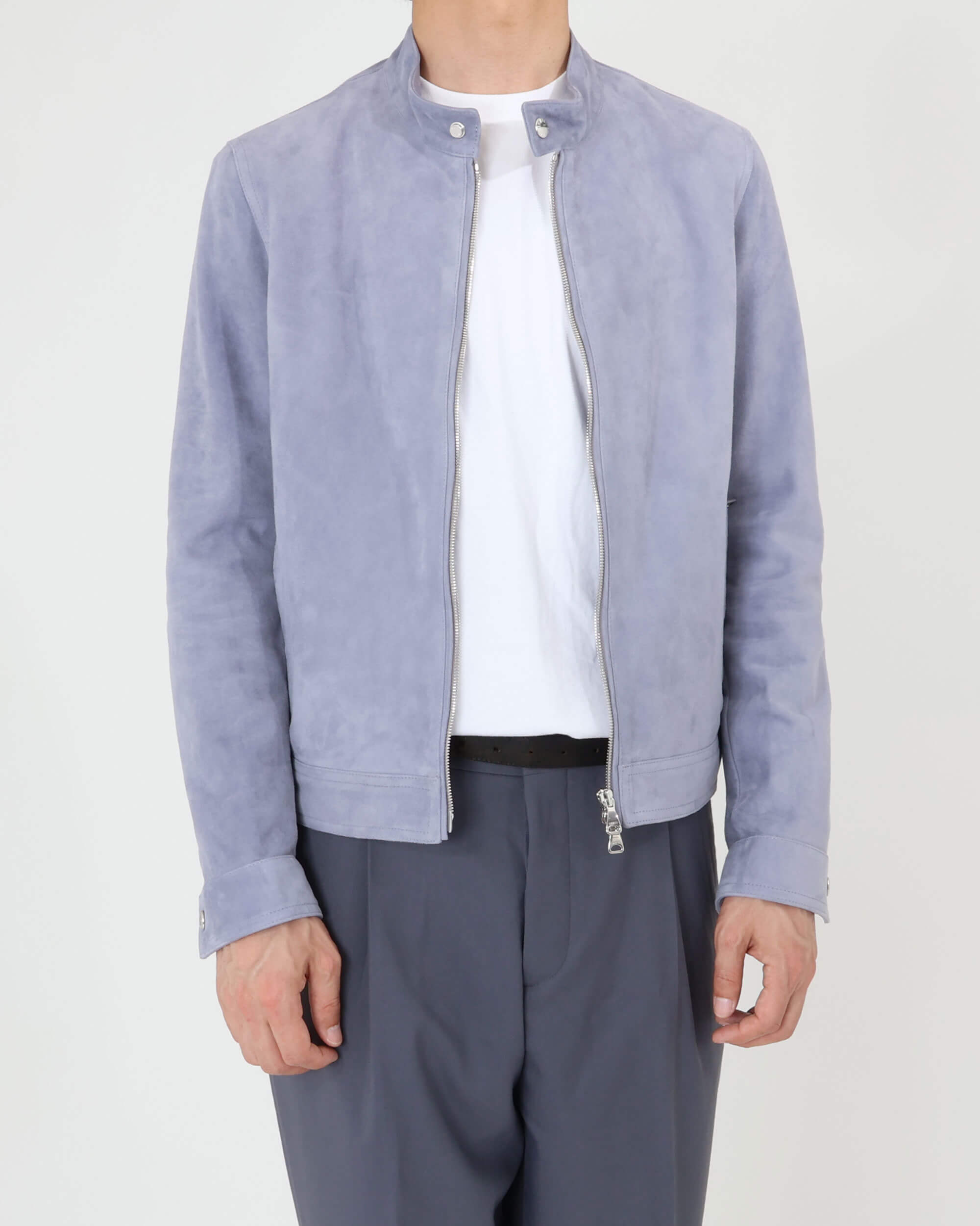 JURI SF（ユリ スフォデラータ） シルバーZIP ゴートスエード シングルライダース / ペールブルー