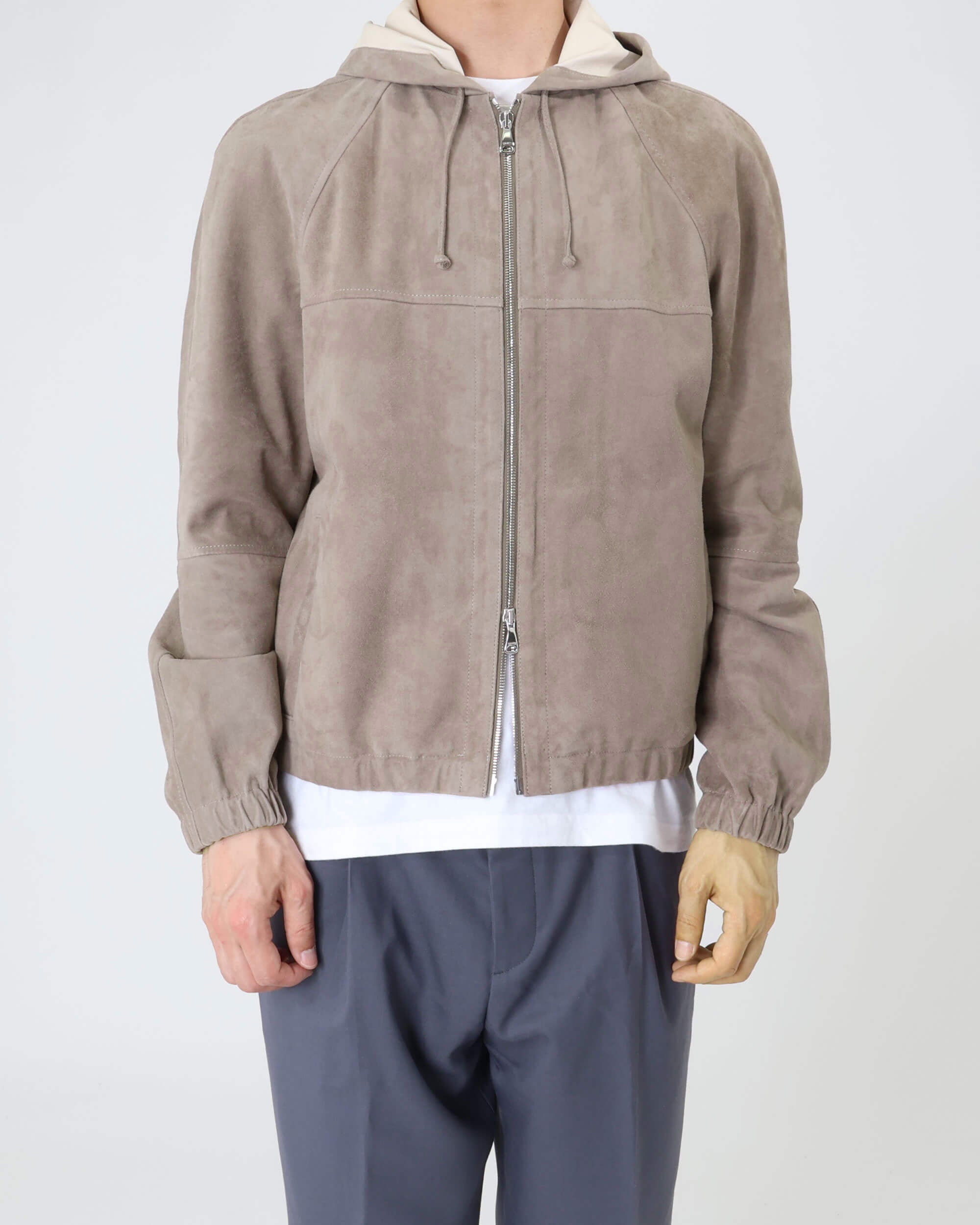 JAYDON SFOD (Jaydon Sfoderata) con ZIP argento in pelle scamosciata di capra sfoderata, con cappuccio / Greige