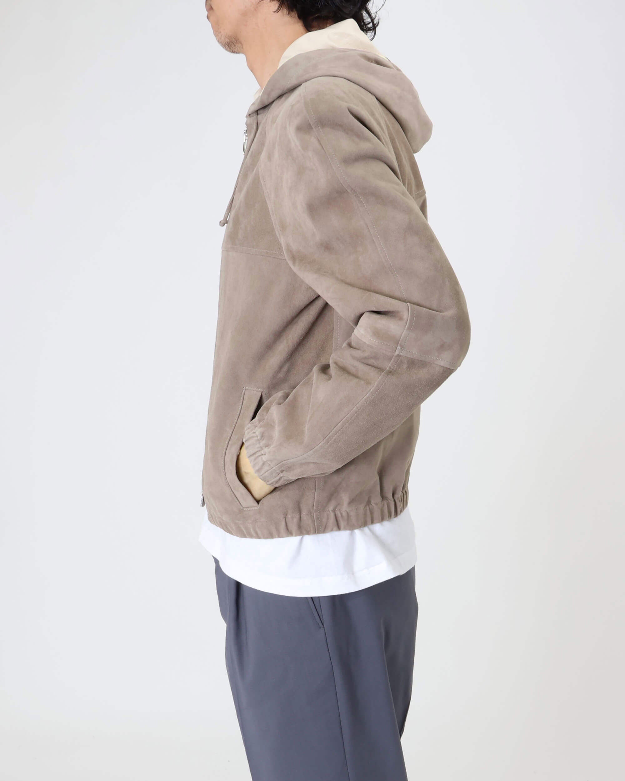 JAYDON SFOD (Jaydon Sfoderata) con ZIP argento in pelle scamosciata di capra sfoderata, con cappuccio / Greige
