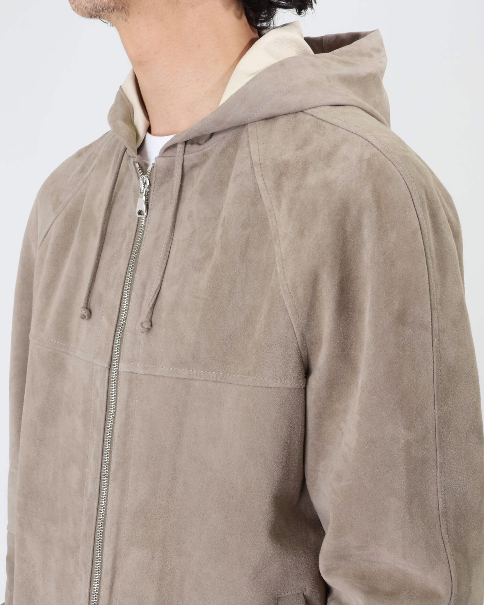 JAYDON SFOD (Jaydon Sfoderata) con ZIP argento in pelle scamosciata di capra sfoderata, con cappuccio / Greige