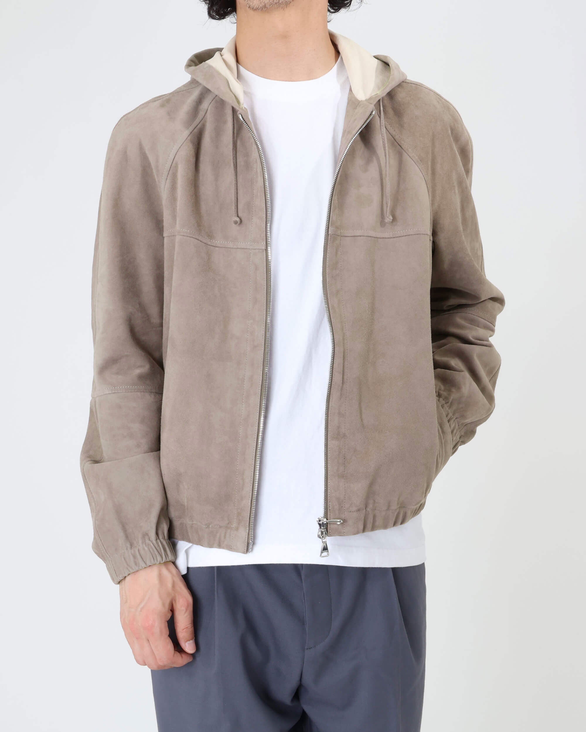 JAYDON SFOD (Jaydon Sfoderata) con ZIP argento in pelle scamosciata di capra sfoderata, con cappuccio / Greige