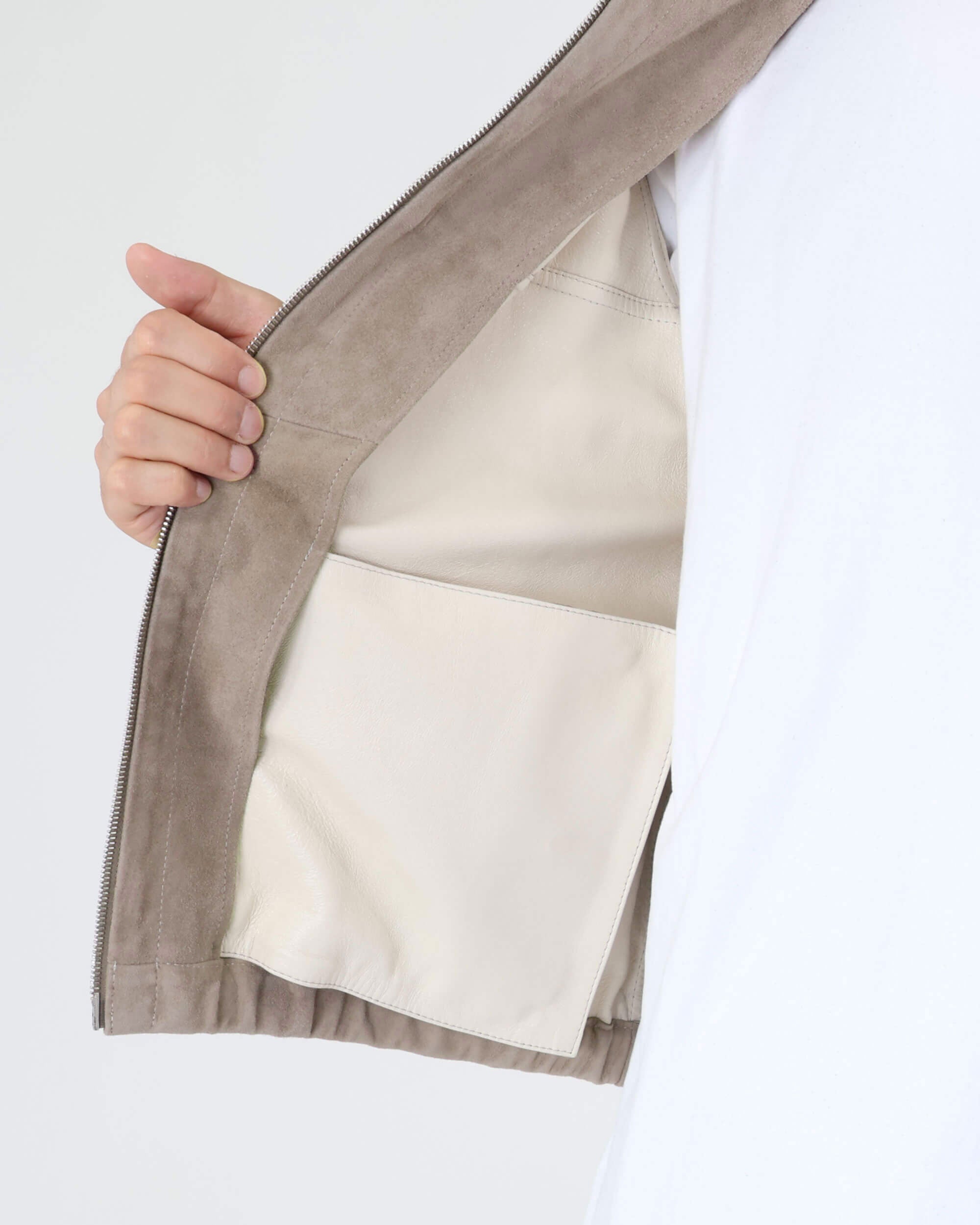 JAYDON SFOD (Jaydon Sfoderata) con ZIP argento in pelle scamosciata di capra sfoderata, con cappuccio / Greige