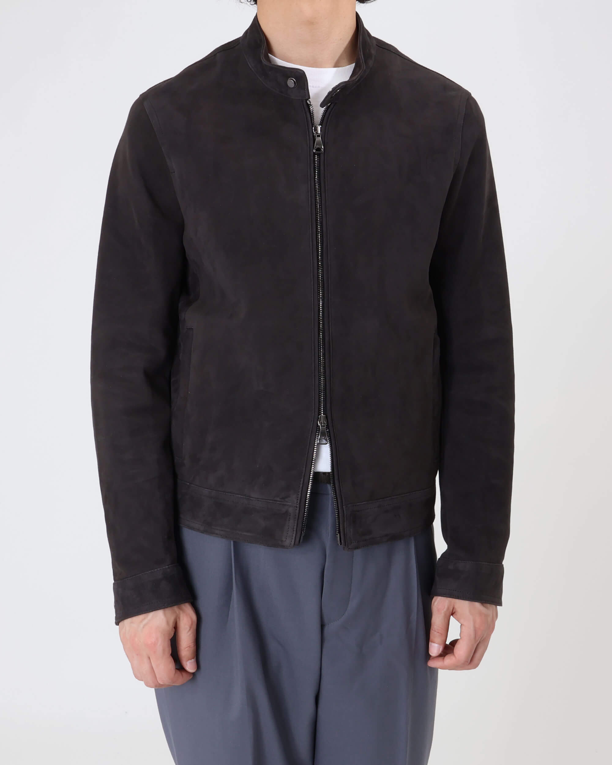 JURI SF（ユリ スフォデラータ） シルバーZIP ゴートスエード シングルライダース / ダークグレー