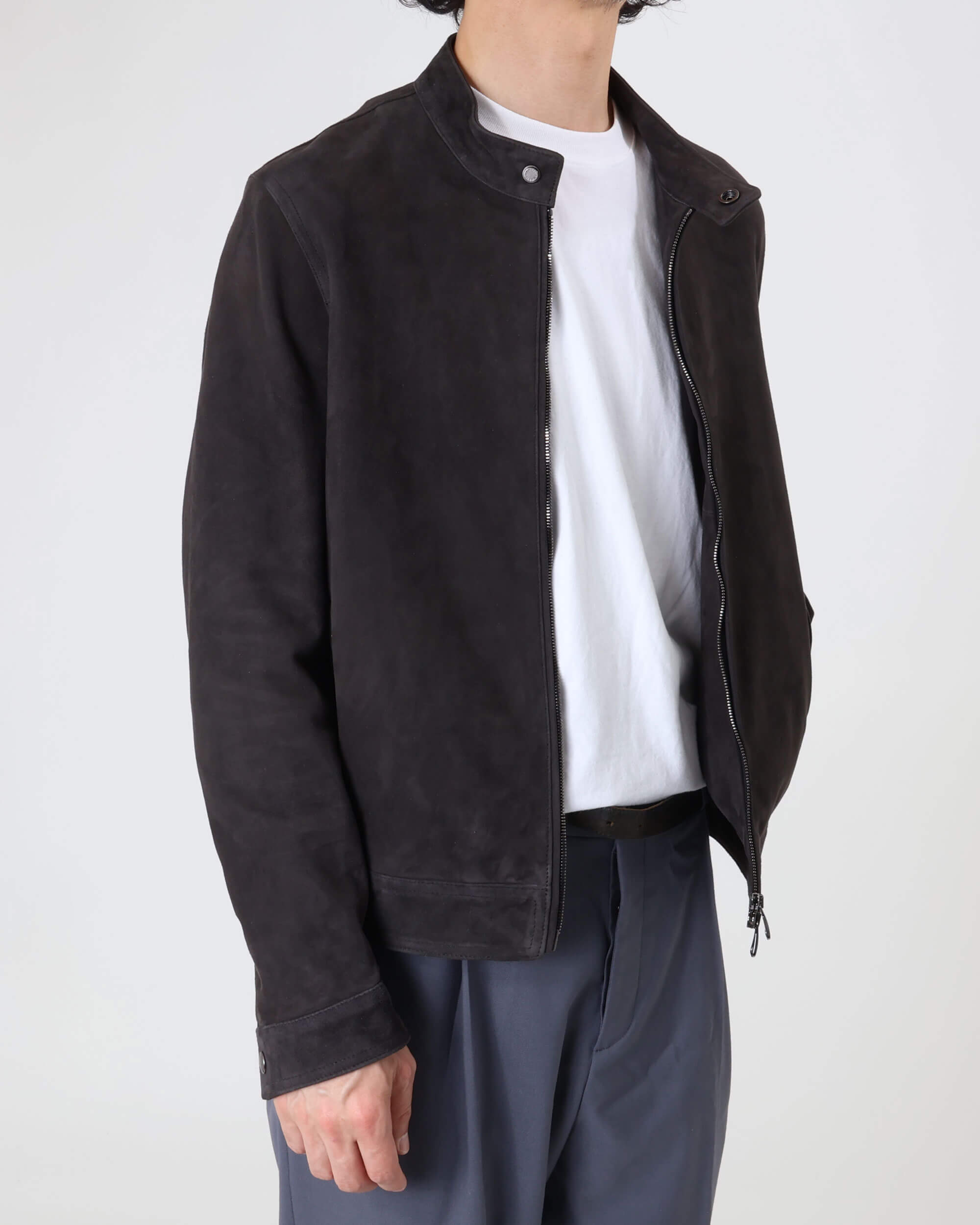 JURI SF（ユリ スフォデラータ） シルバーZIP ゴートスエード シングルライダース / ダークグレー