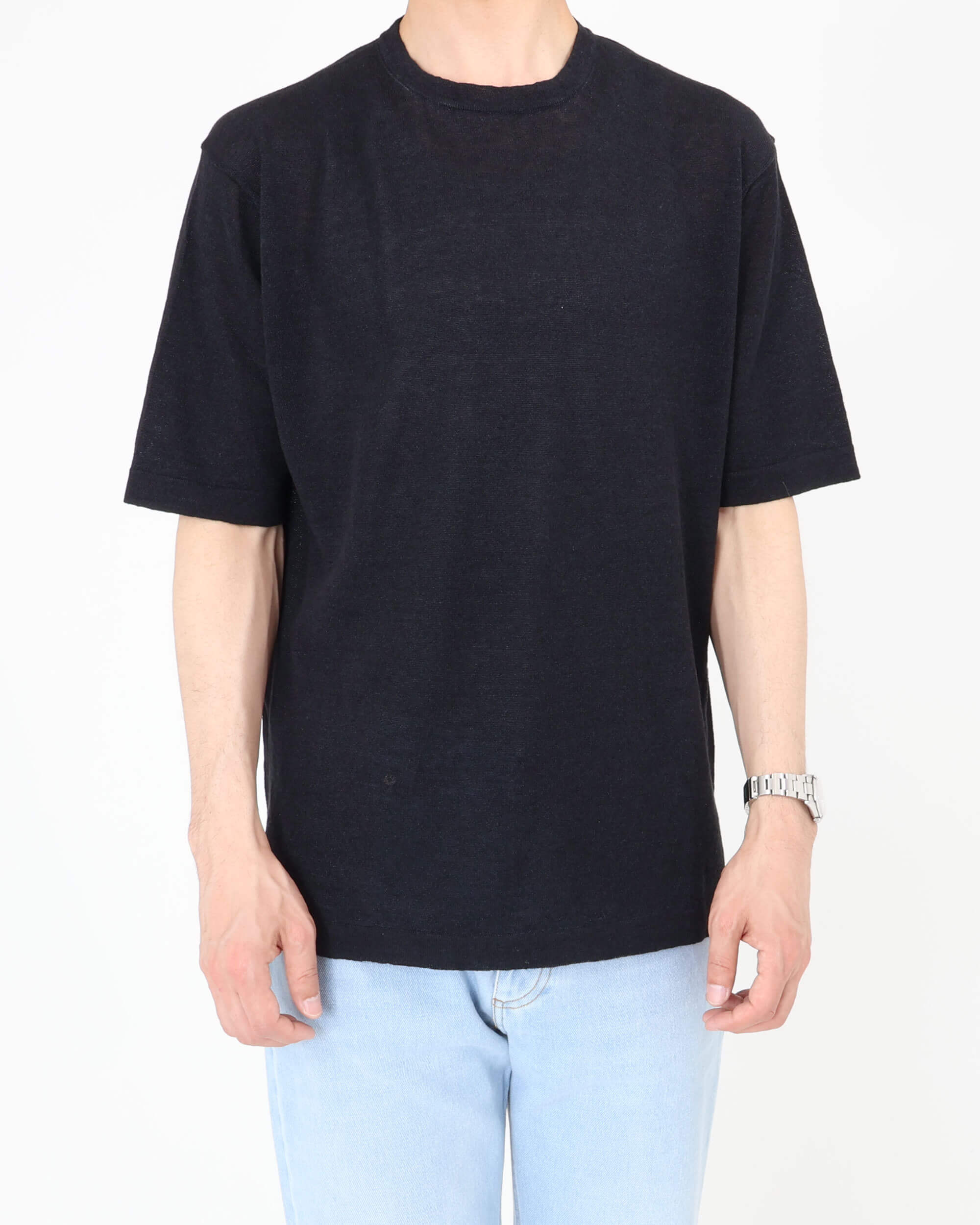コットン×リネン クルーネックニット S/S / ブラック