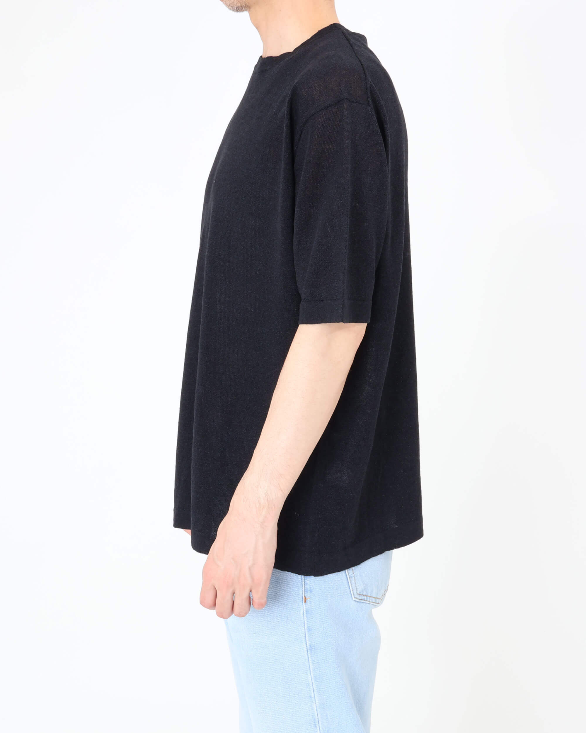 コットン×リネン クルーネックニット S/S / ブラック