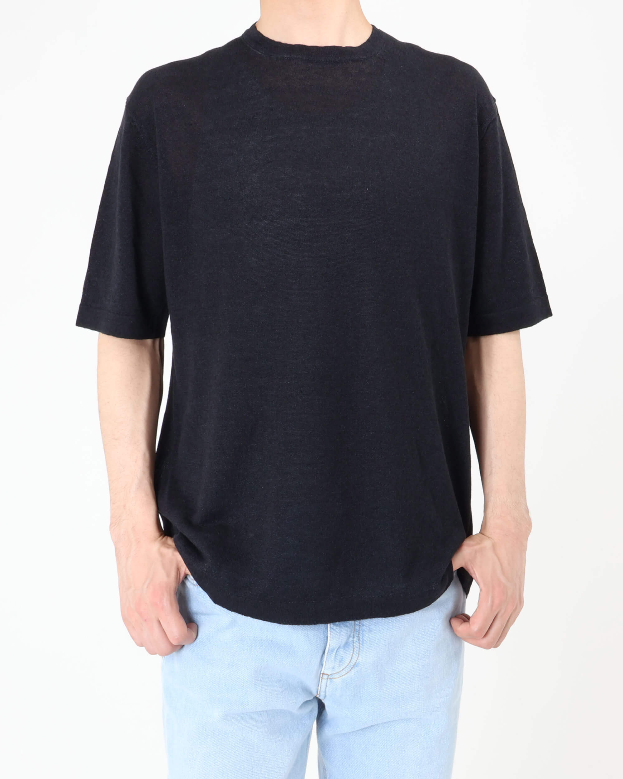 コットン×リネン クルーネックニット S/S / ブラック
