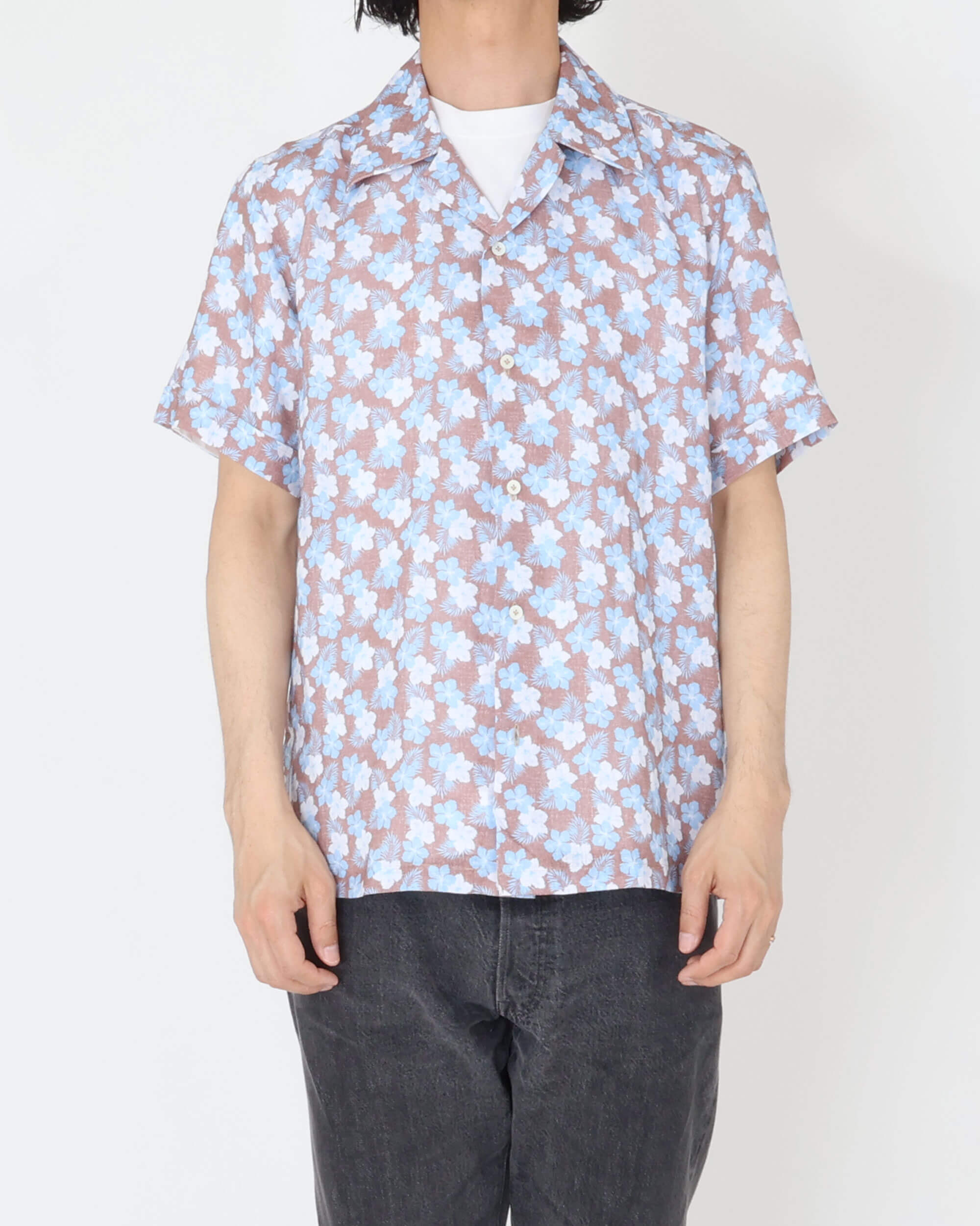 Camicia botanica a maniche corte in cotone con colletto aperto / HAWAII / Marrone